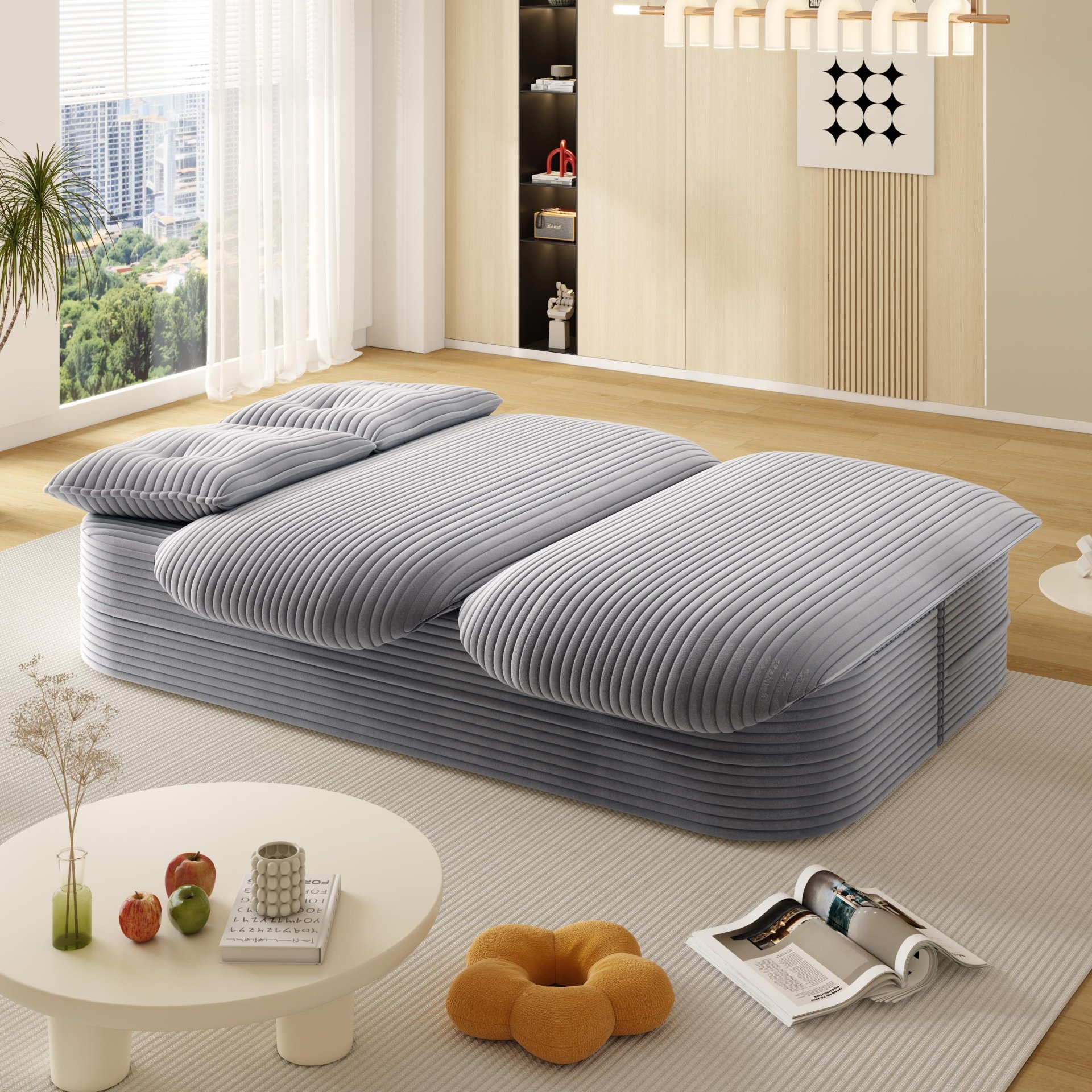 2 In 1 Foldable Sofa Plush Corduroy Sofa Convertible Floor Sofa Bed Deep Seating With Multi Functional Blanket Suitable For Living Rooms - Light Gray - Image 7