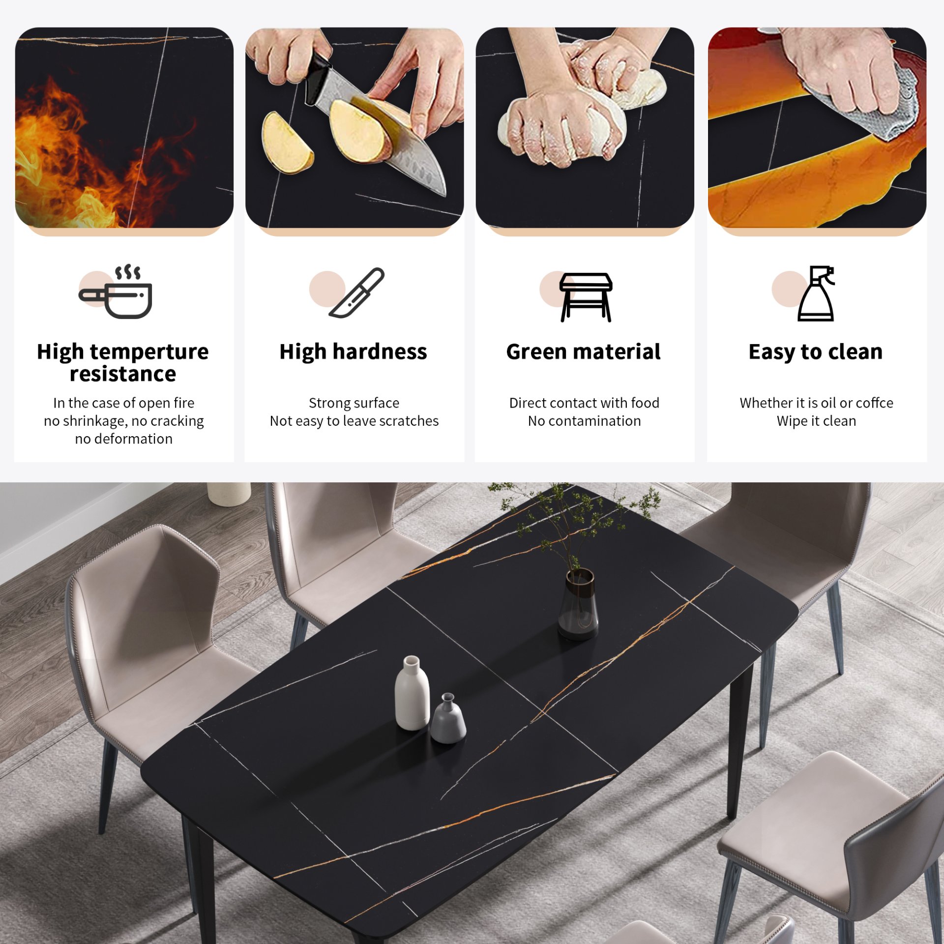 63" Artificial Stone Black Curved Black Metal Leg Dining Table, 6 People - Black - Image 12
