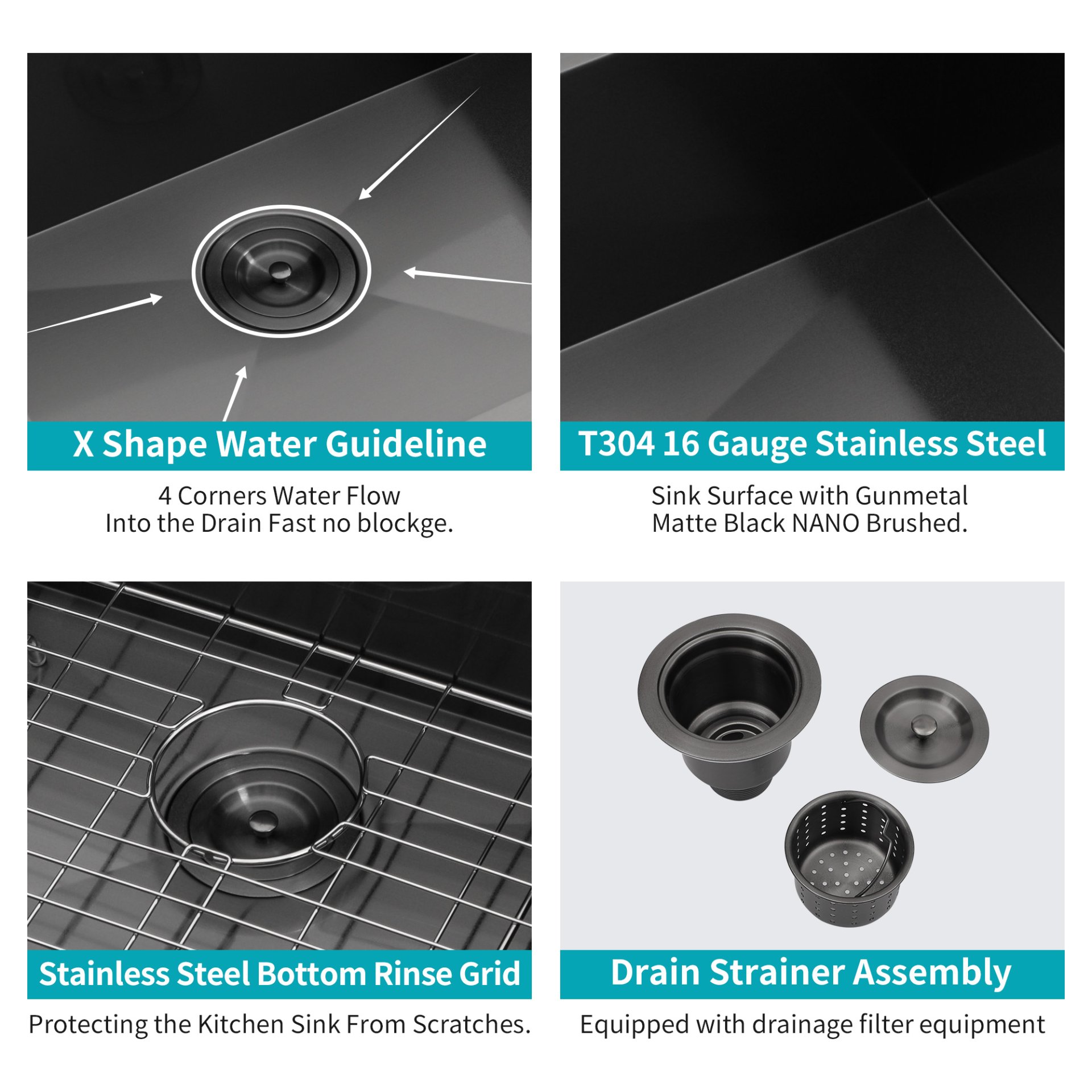 28" Single Bowl Undermount Sink With 9" Deep Basin - Gunmetal Black - Image 4