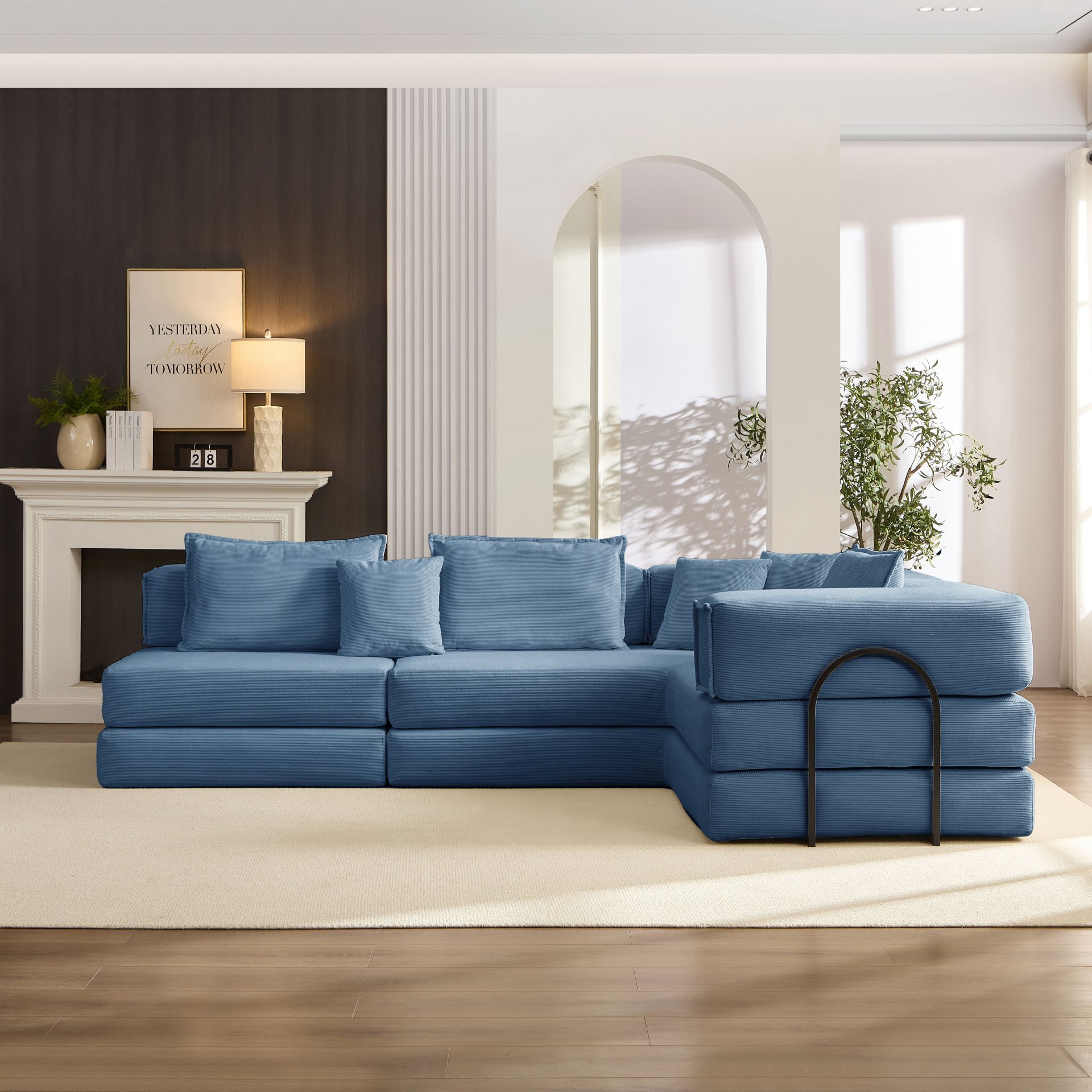 Oversized Upholstered Sectional Sofa Couch Set, Modular L Shaped Floor Sofa Set With 6 Pillows For Living Rooms - Blue - Image 12