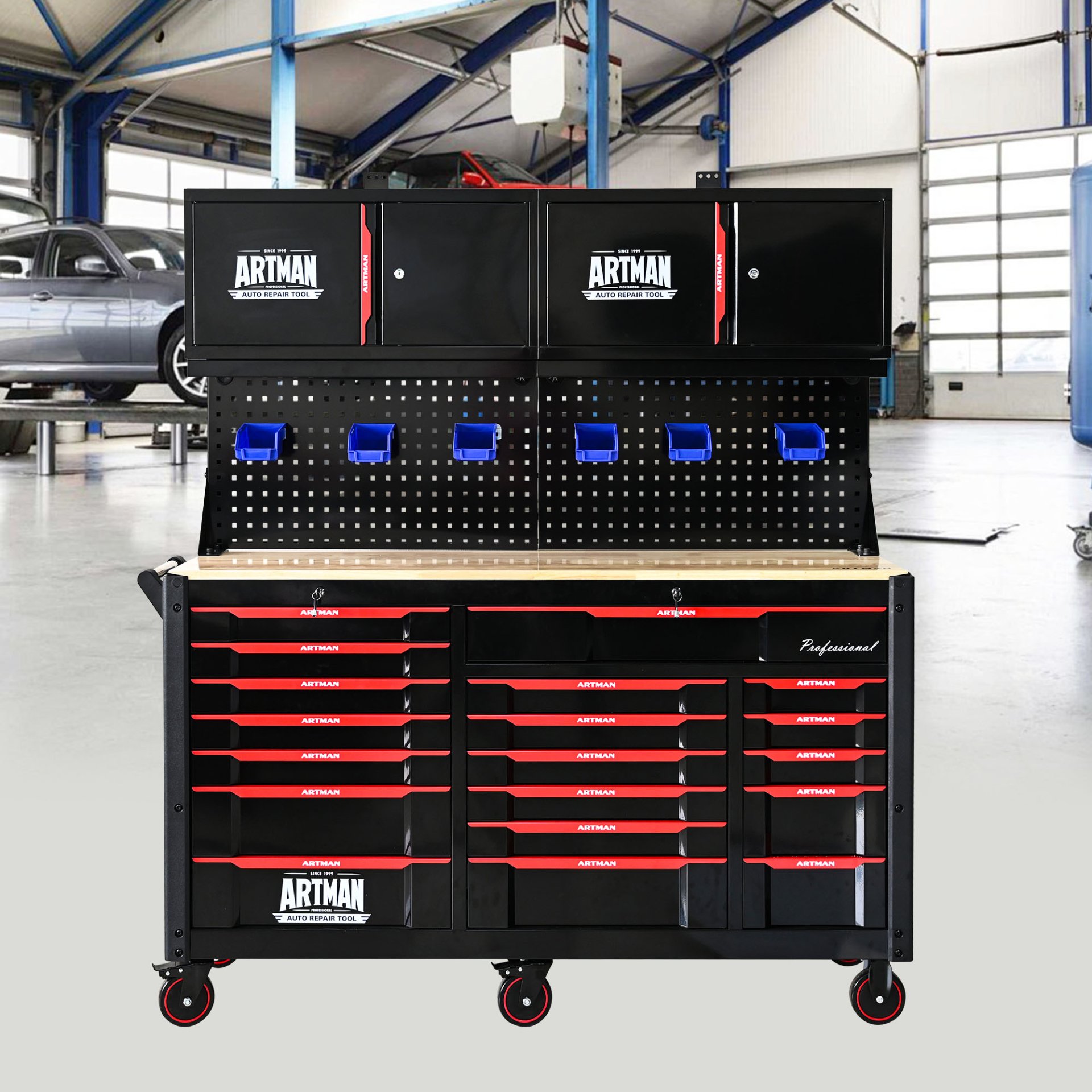 Heavy Duty Tool Cart With 19 Drawers, Tools Not Included, Mobile Storage For Workshop Or Laboratory - Black / Red - Image 14