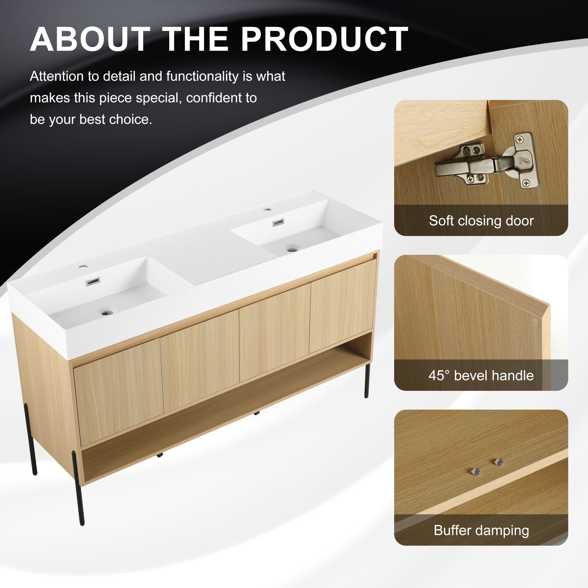 Modern 60" Bathroom Vanity Combo With Single Resin Sink And Storage Cabinet - Oak - Image 4
