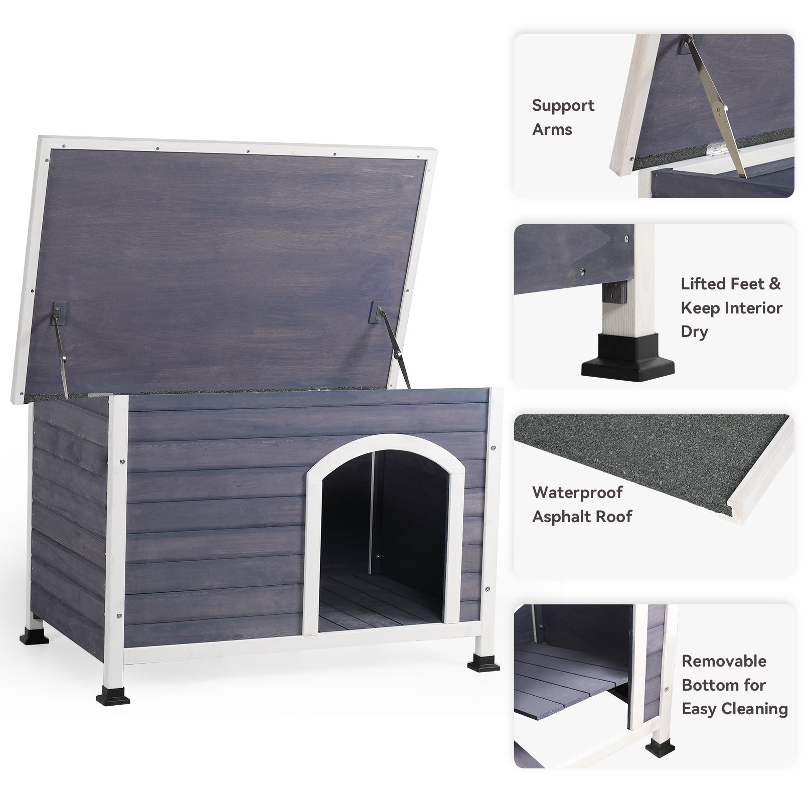 Medium Wooden Outdoor Dog House, Waterproof Roof, Elevated Floor - Gray - Image 4