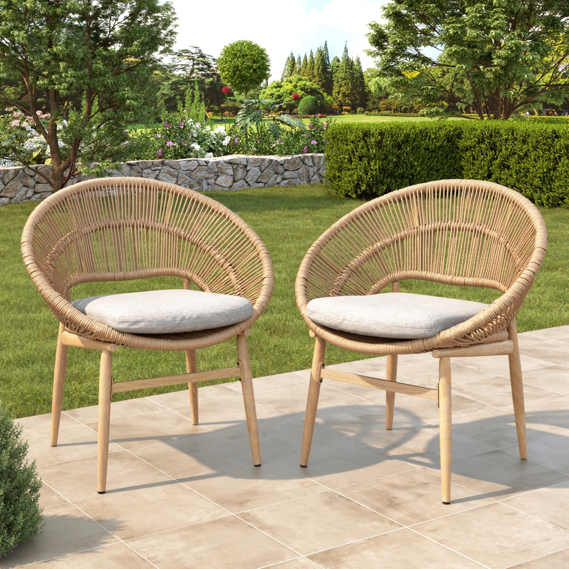 Cyril - Outdoor Wicker Papasan Style Dining Chair (Set of 2) - Beige / Light Brown / Teak - Image 2