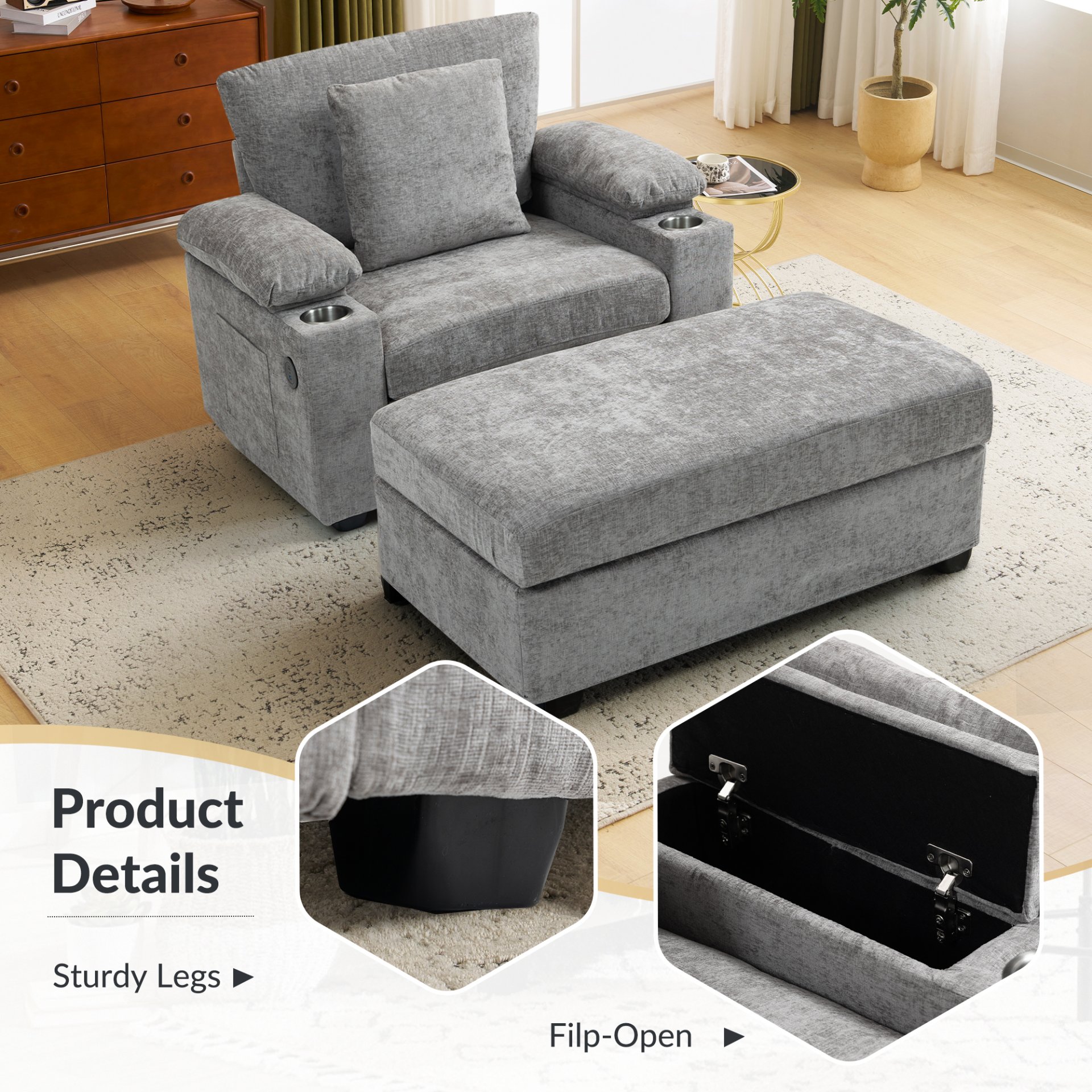 Modern Oversized Chair With Ottoman, Chenille Fabric Sofa Bed, Accent Chair Comfy Sofa With Cupholders And USB Charging Ports Chair For Living Room - Gray - Image 7