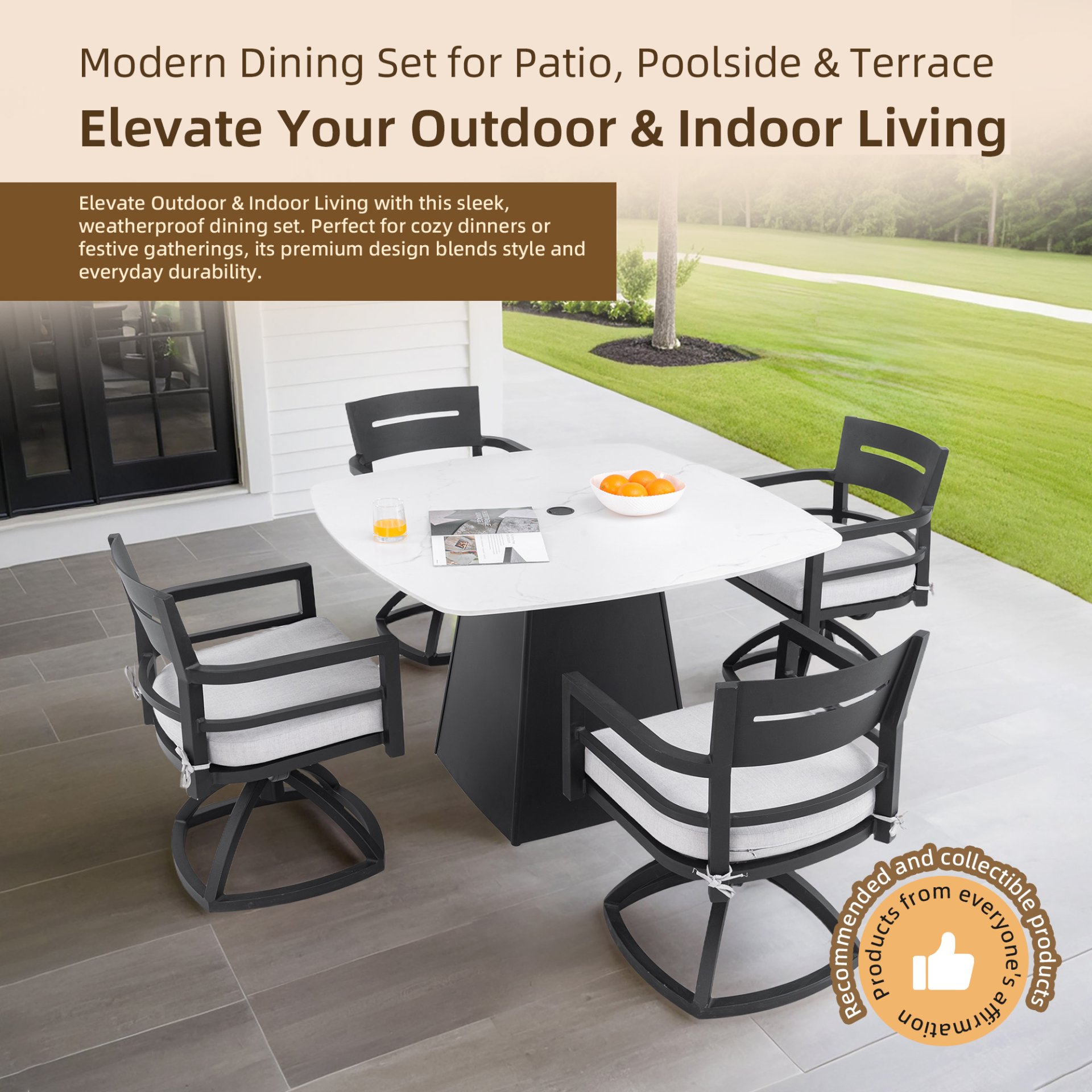 5 Pieces Outdoor Patio Dining Set, Squircle Dining Table, 4 Swivel Rockers With Sunbrella Cushions - Ember Black - Image 6