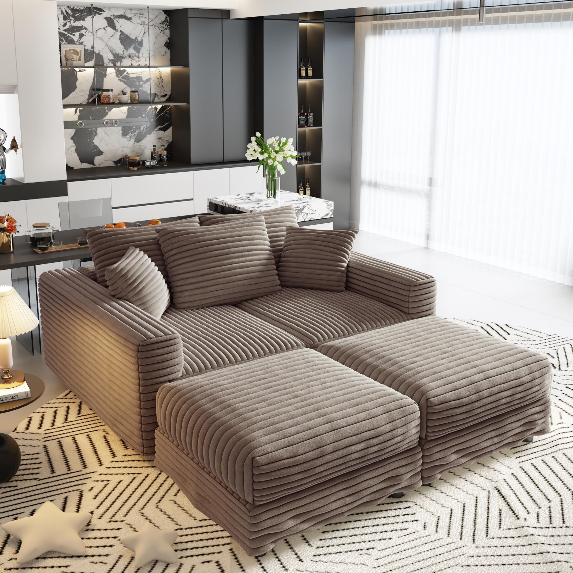 3 Seat Sofa, Deep Seat Couches With Soft Pillows And 2 Ottomans, Convertible Sofa Lounge Chair, For Living Room - Camel - Image 18