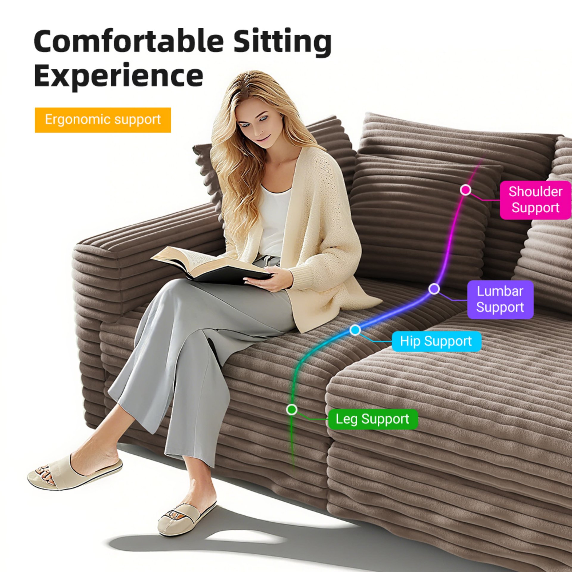 3 Seat Sofa, Convertible Deep Seat Sofa Lounge Chair For Living Room - Camel - Image 4