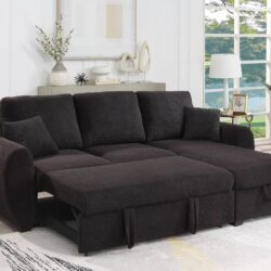 Veronica - Teddy Fleece Reversible Sleeper Sectional Sofa With Storage Chaise - Black