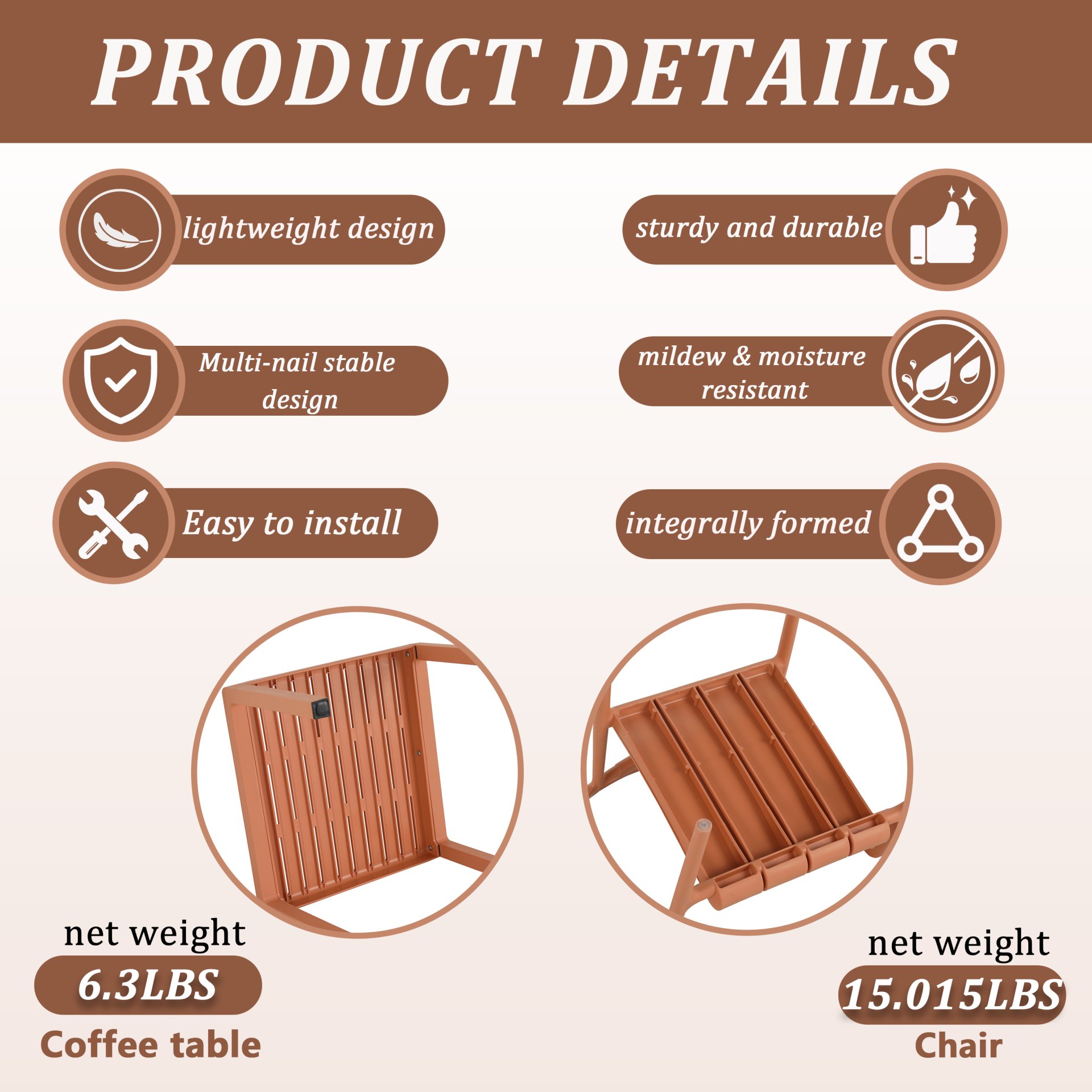 3 Piece Indoor / Outdoor Leisure Table And Chair Set (2 Chairs And 1 Coffee Table), UV Resistant, Waterproof And Durable - Apricot Brown - Image 9