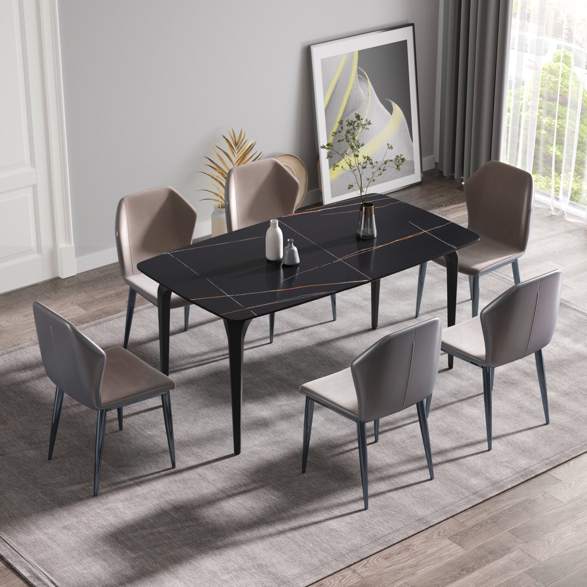 63" Artificial Stone Black Curved Black Metal Leg Dining Table, 6 People - Black - Image 2