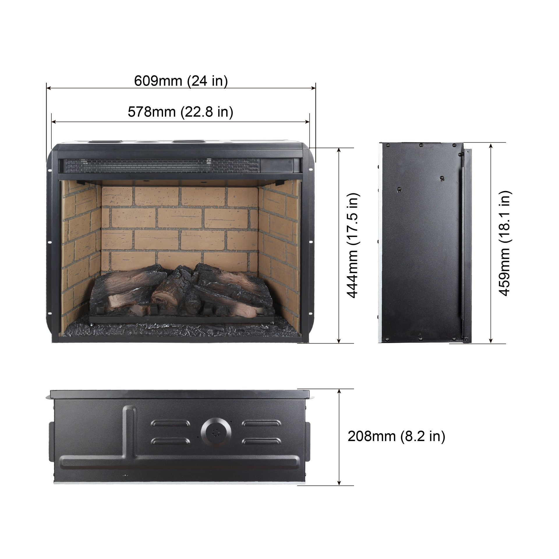 23" Infrared Quartz Heater Fireplace Insert -Woodlog Version With Brick - Antique Black - Image 3