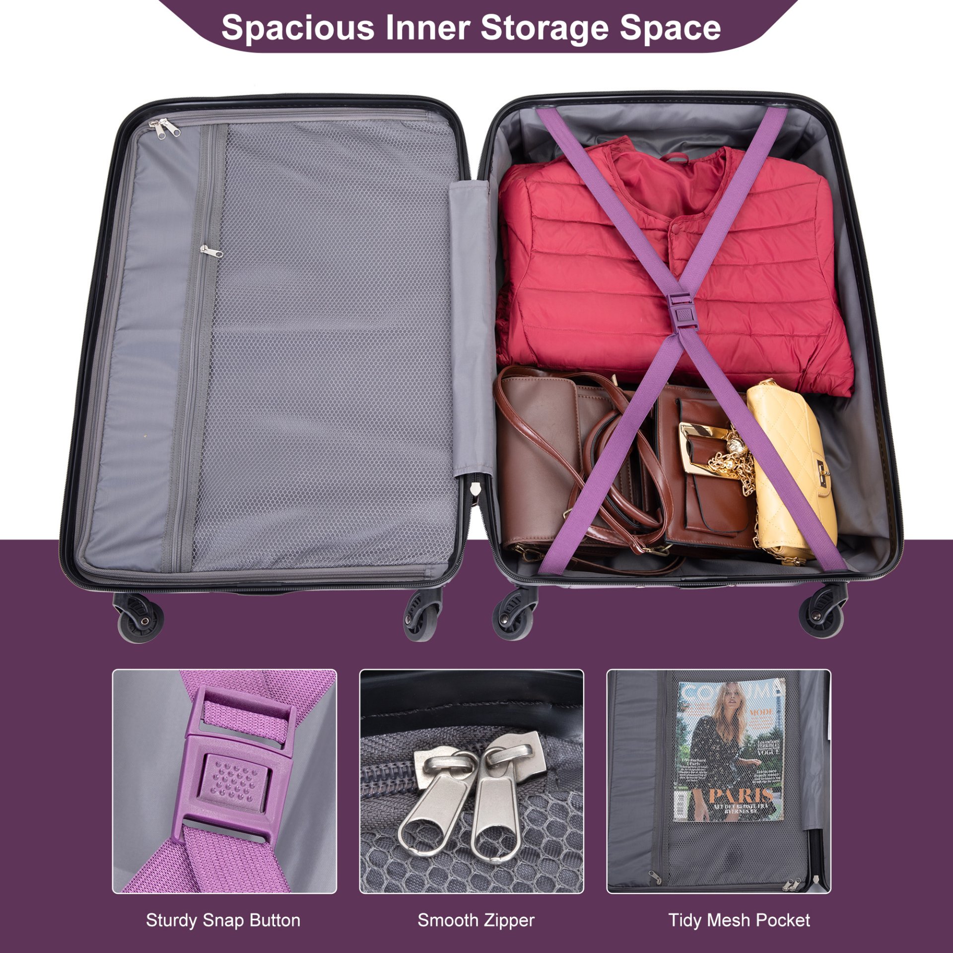 Expandable 3 Piece Luggage Sets Pc Lightweight & Durable Suitcase With Two Hooks, Spinner Wheels, Tsa Lock, (21/25/29) - Dark Purple - Image 5