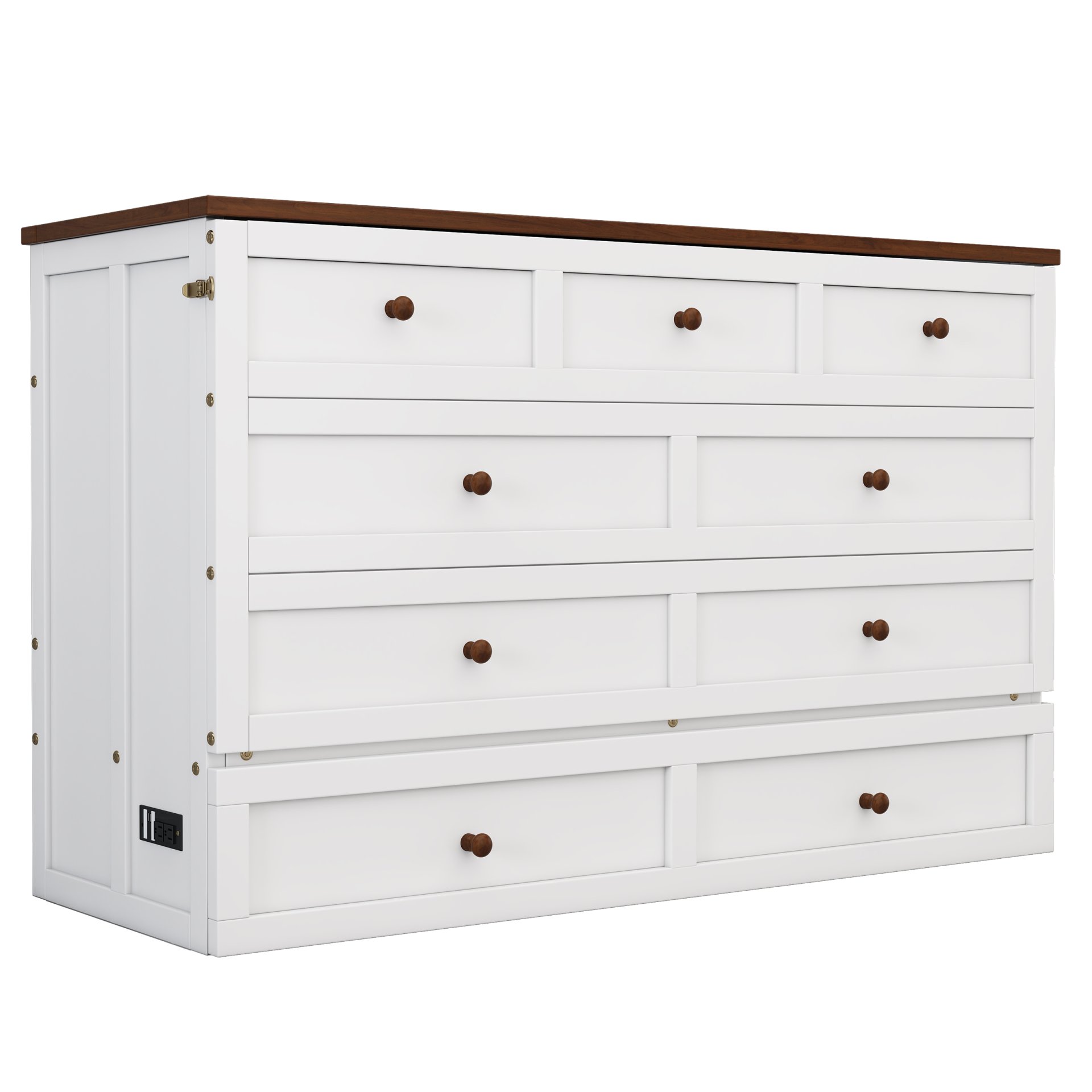 Full Solid Pine Murphy Bed Chest With Charging Station And Large Storage Drawer For Home Office Or Small Room - White / Walnut - Image 10