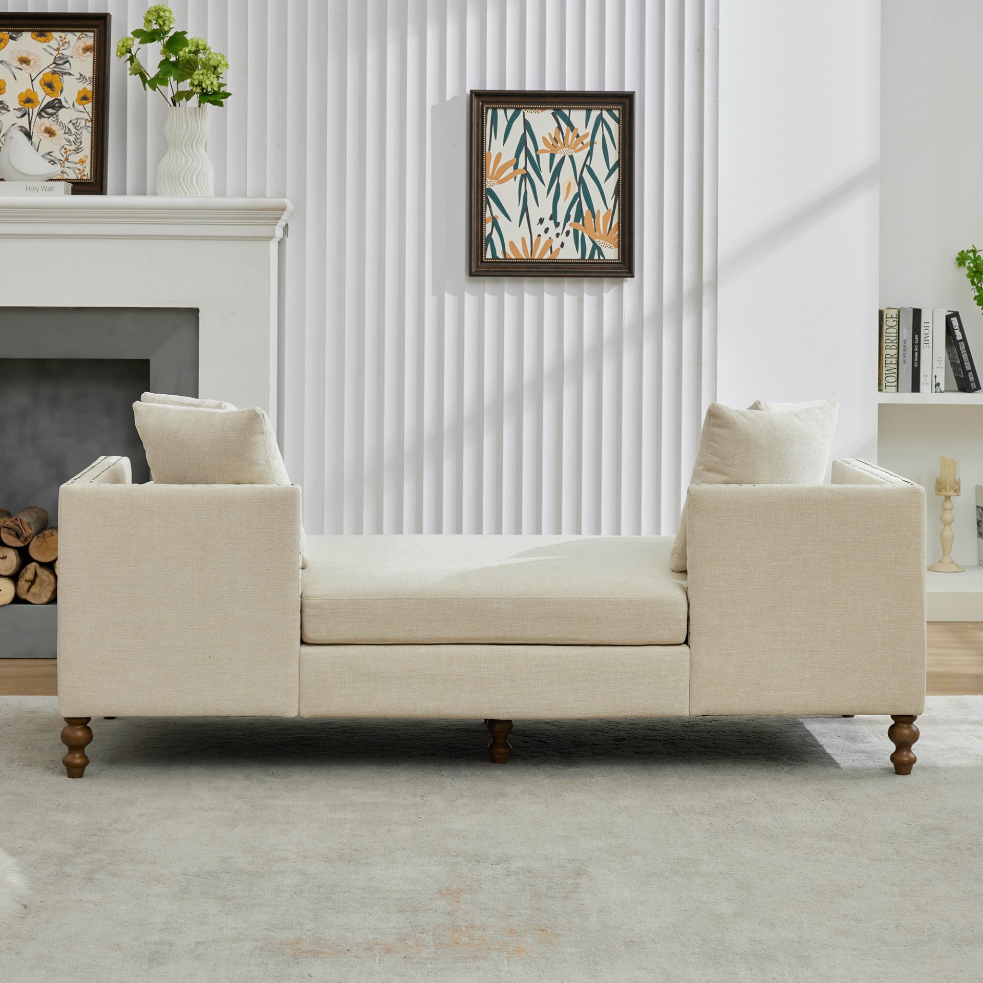 Chenille Upholstered Chaise Lounge With Nailheads, Sleeper Sofa Couch With 4 Throw Pillows & 2 Bolsters, Daybed With Rubberwood Legs - Beige - Image 9