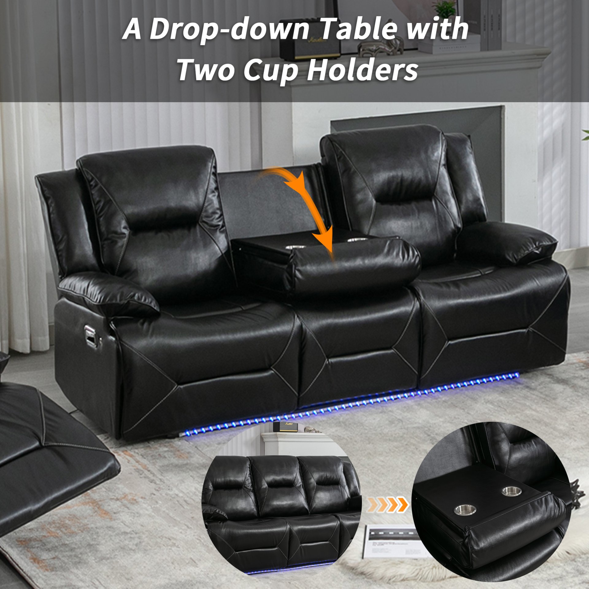 3 Seater Home Theater Recliner Manual Recliner Chair With A Led Light Strip Two Built-In Cup Holders For Living Room - Black - Image 6