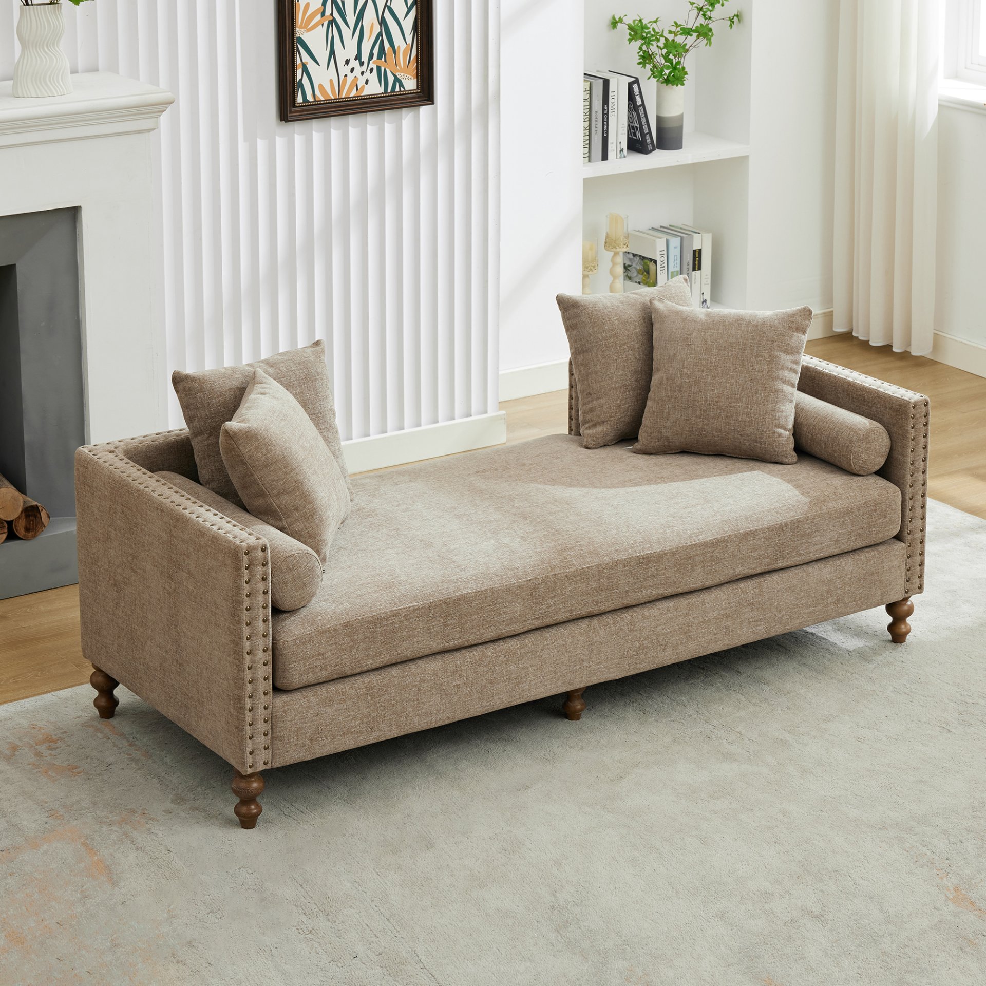 Upholstered Chaise Lounge Indoor With Nailheads, Sleeper Sofa Couch With 4 Throw Pillows & 2 Bolsters, Daybed With Rubberwood Legs - Taupe - Image 9