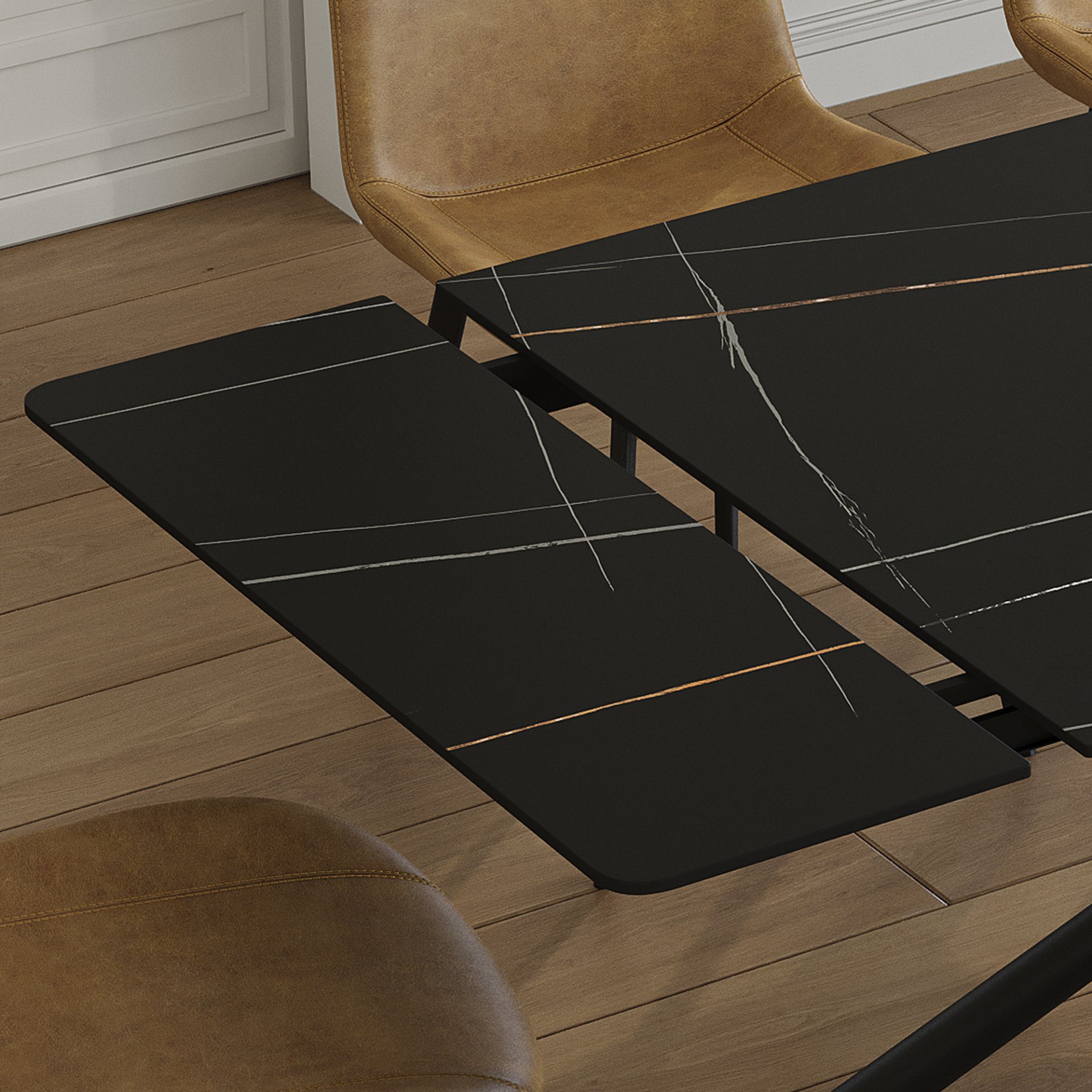 Retractable Dining Table Set With Carbon Steel Legs And Cross Leg Structure, Table And 8 Chairs - Black - Image 11