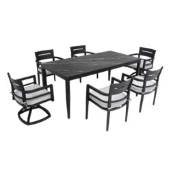 7 Pieces Modern Outdoor Patio Dining Set, Rectangular Table, 4 Chairs & 2 Swivel Rockers, Sunbrella Cushions - Ember Black