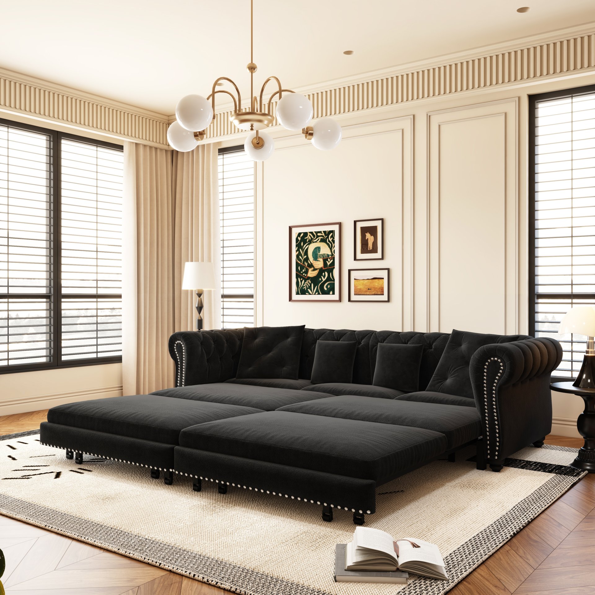 3 In 1 Pull Out Sofa Bed, King Size Sofa Bed, 3 Seater Sofa With Movable Ottoman, Tufted Design, Suitable For Living Rooms - Black - Image 8