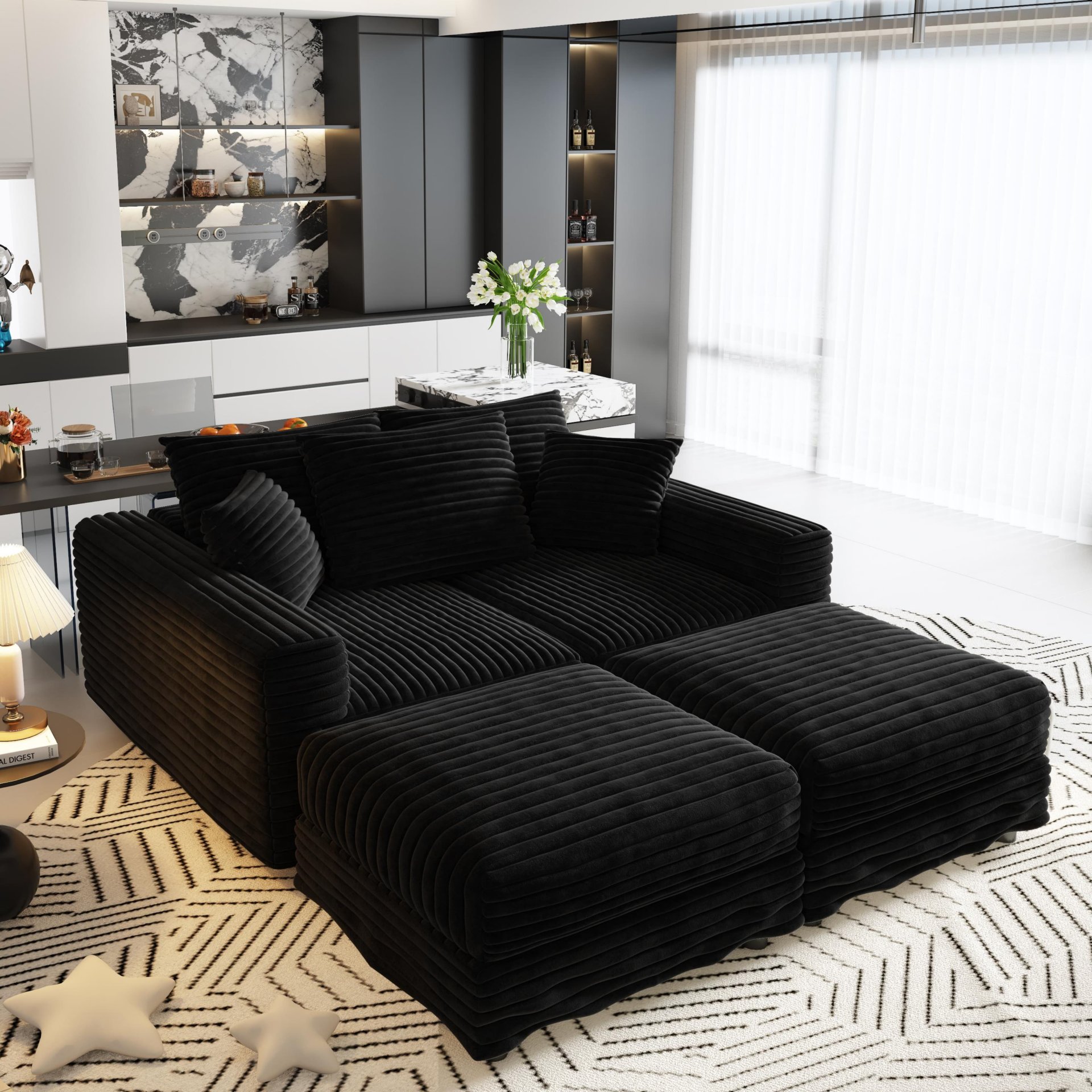 3 Seat Sofa, Deep Seat Couches With Soft Pillows And 2 Ottomans, Convertible Sofa Lounge Chair, For Living Room - Black - Image 23