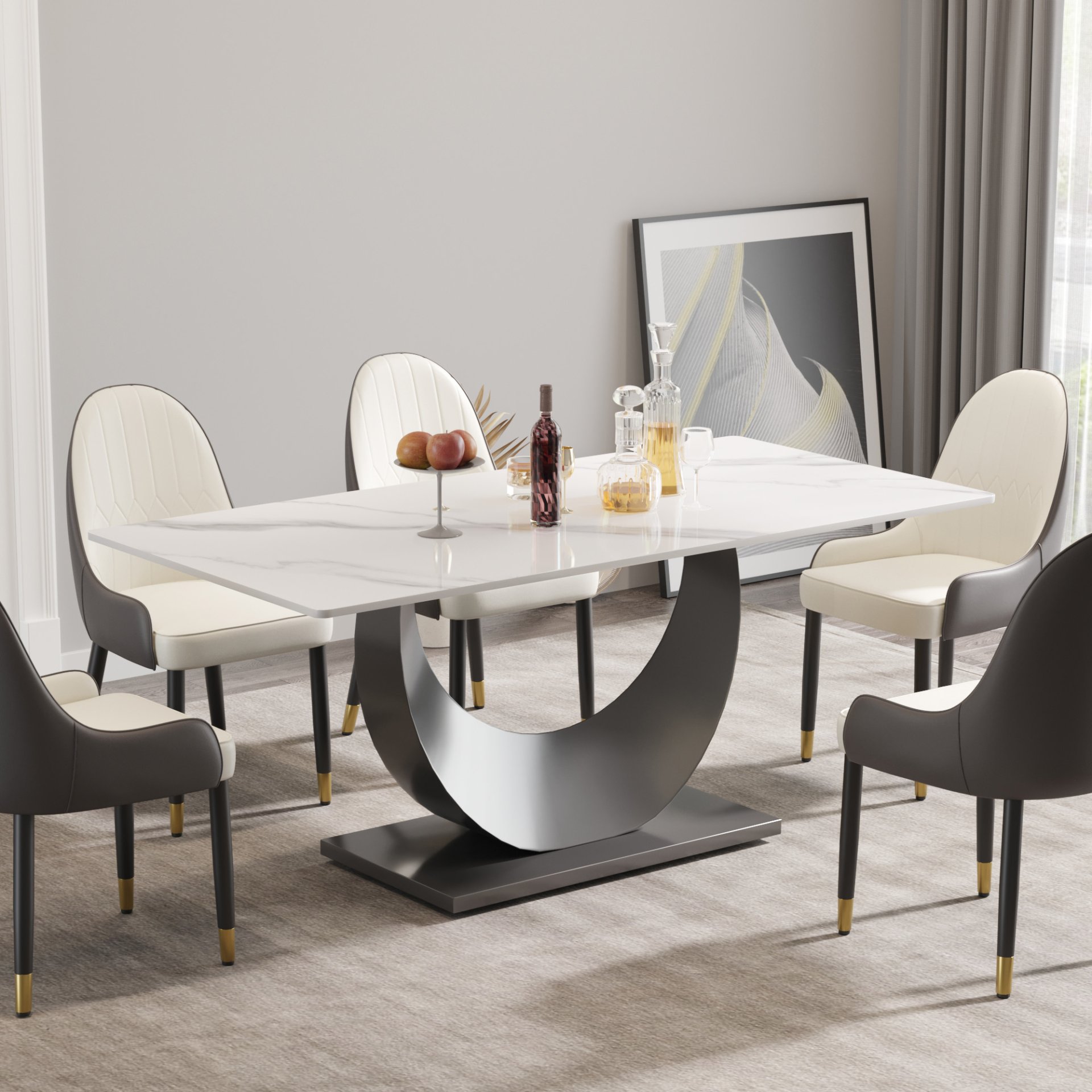 70.87" Modern Artificial Stone Crescent-Shaped Metal Legs, Can Accommodate 6-8 People - White / Black - Image 2