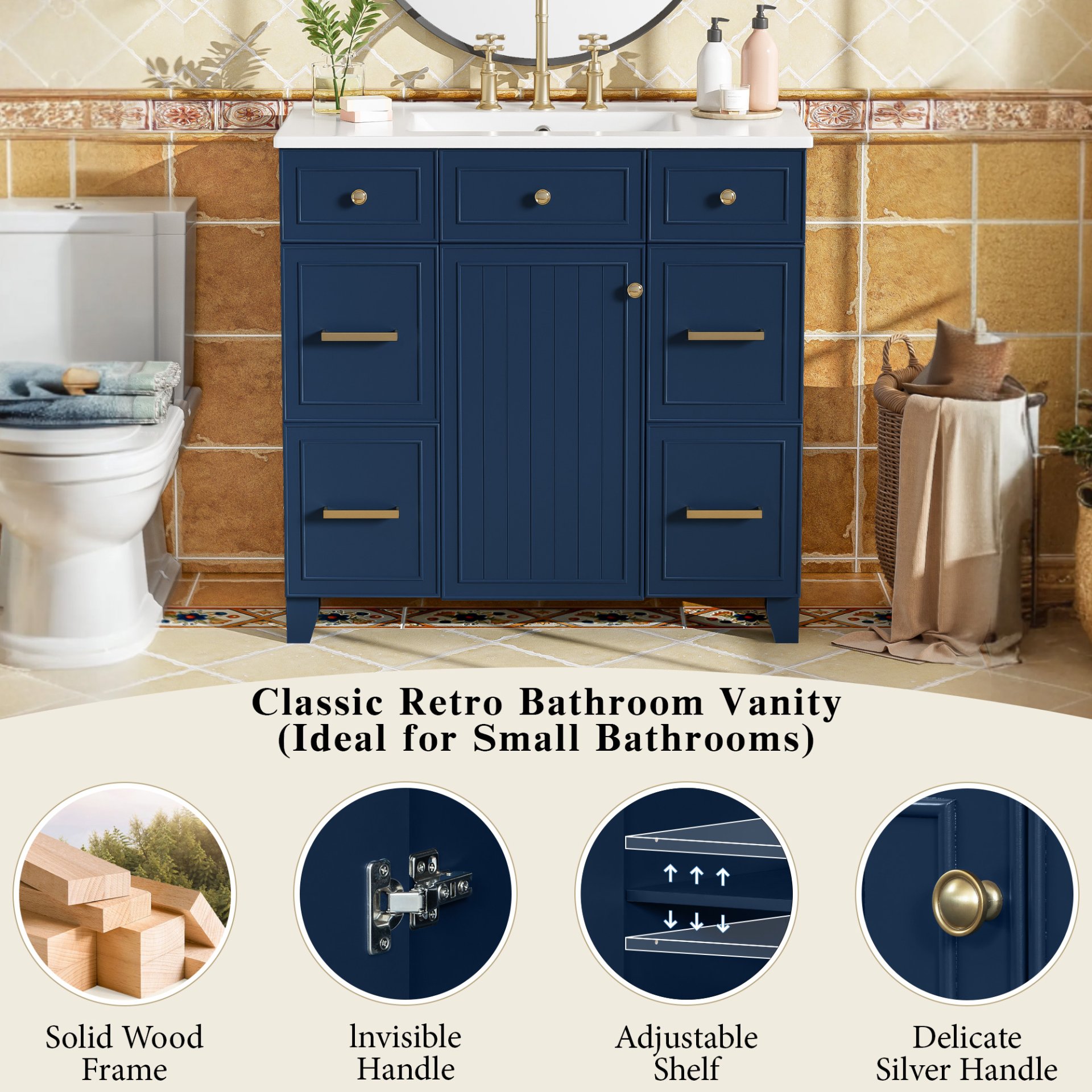 Bathroom Vanity With Sink, Soft Close Doors, Adjustable Shelves - Blue - Image 9