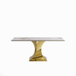 Modern Rectangular Dining Table For 6 - 8, Plated Hourglass Base, Sintered Stone Top - Gold / White