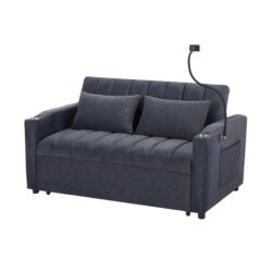 Convertible Sofa Bed Loveseat Sofa With Three USB Ports, Two Side Pockets, Two Cup Holders And 360° swivel Phone Holder For Living Room - Blue Gray