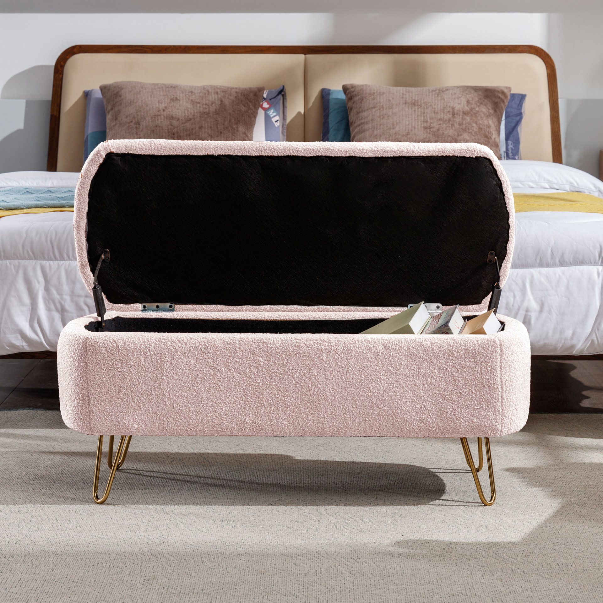 Storage Ottoman Bench For End Of Bed Gold Legs, Modern Gray Faux Fur Entryway Bench Upholstered Padded With Storage For Living Room Bedroom - Pink - Image 7