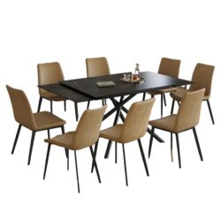 Retractable Dining Table Set With Carbon Steel Legs And Cross Leg Structure, Table And 8 Chairs - Black
