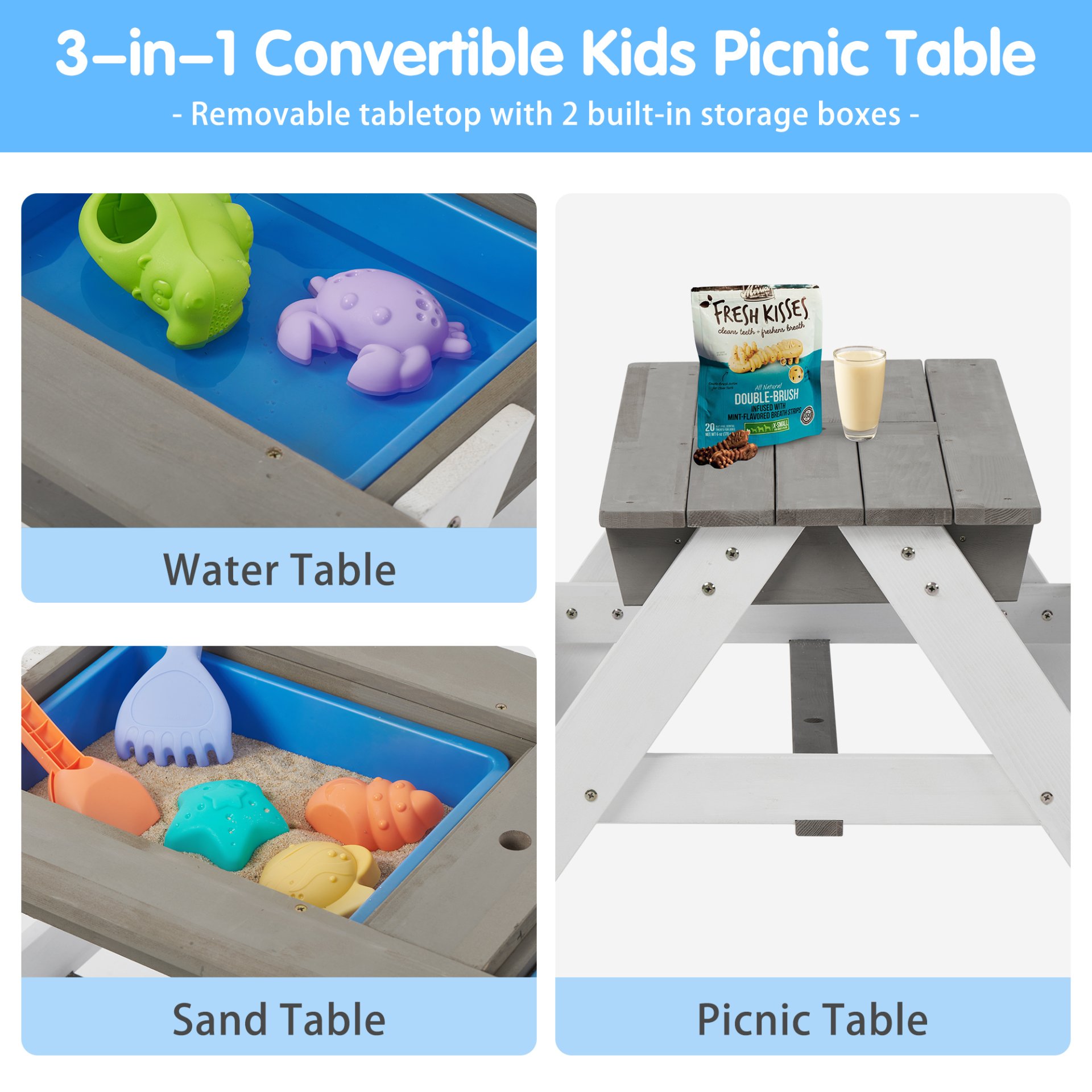 3-In-1 Kids Outdoor Wooden Picnic Table With Umbrella, Convertible Sand & Water, ASTM & CPSIA Certification - Gray - Image 4