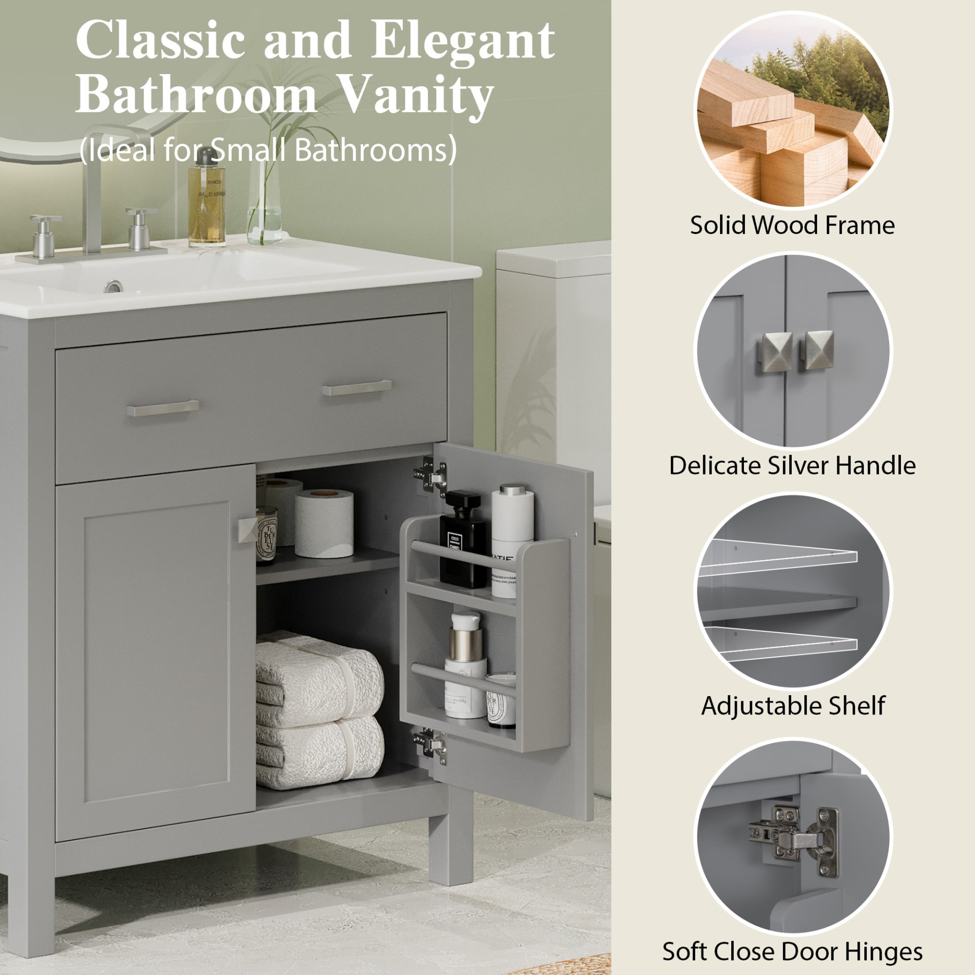 30" Bathroom Vanity With Sink And Soft Close Doors - Gray - Image 7