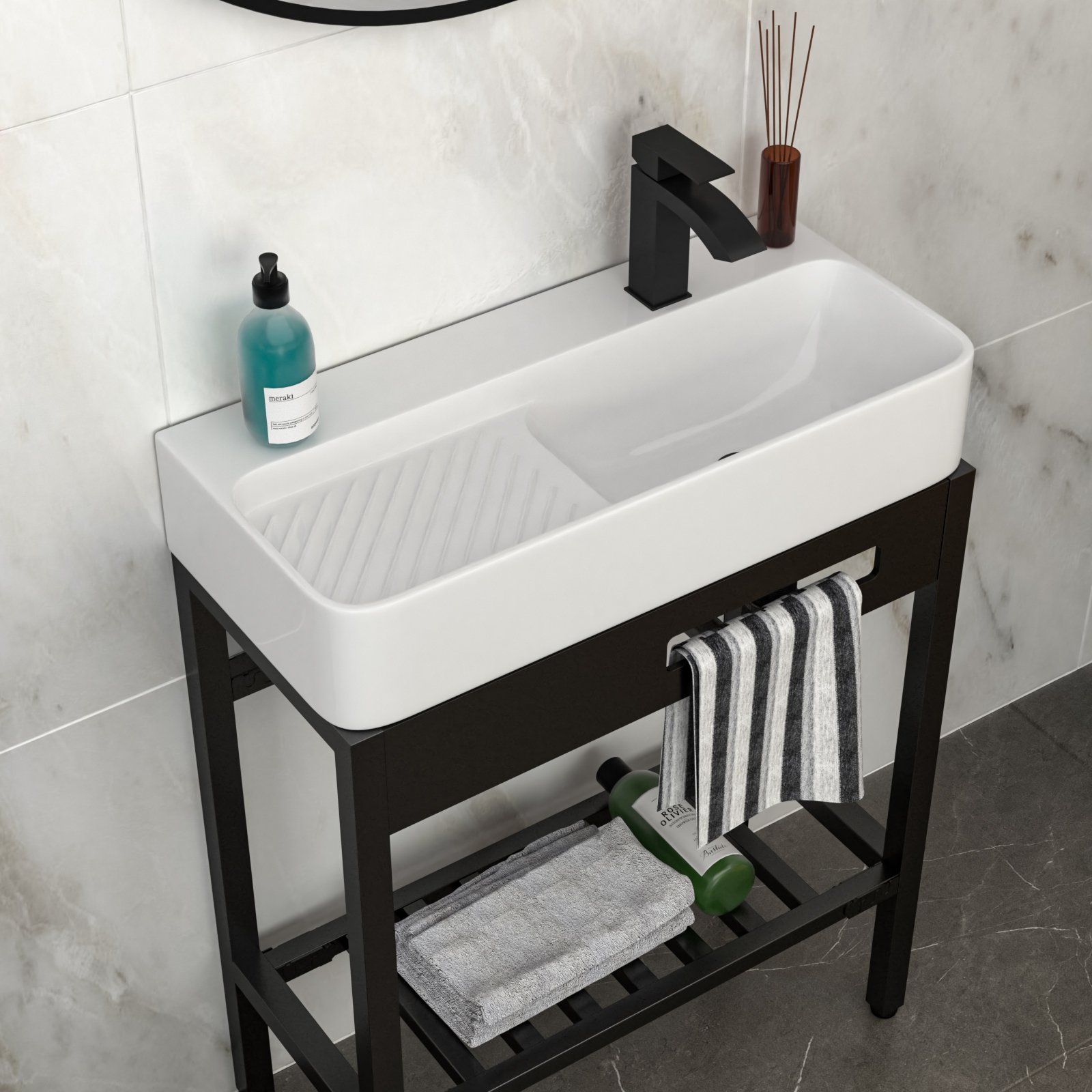Inspired Console Sink With Built In Washboard, Overflow & Sleek Legs, 28" X 12" - White / Black - Image 4