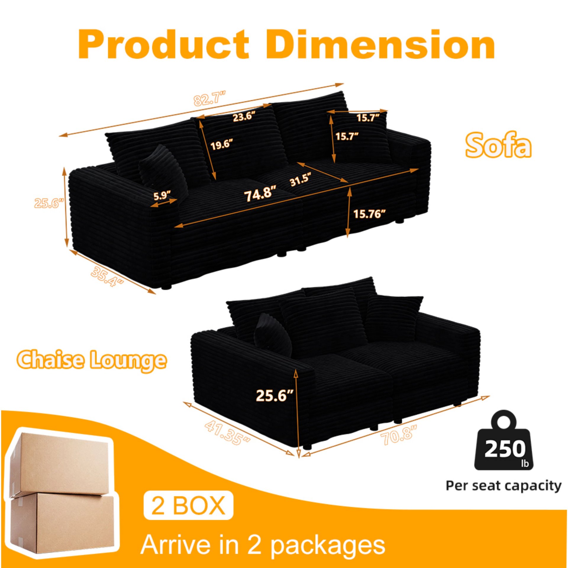 3 Seat Sofa, Convertible Deep Seat Sofa Lounge Chair For Living Room - Black - Image 8