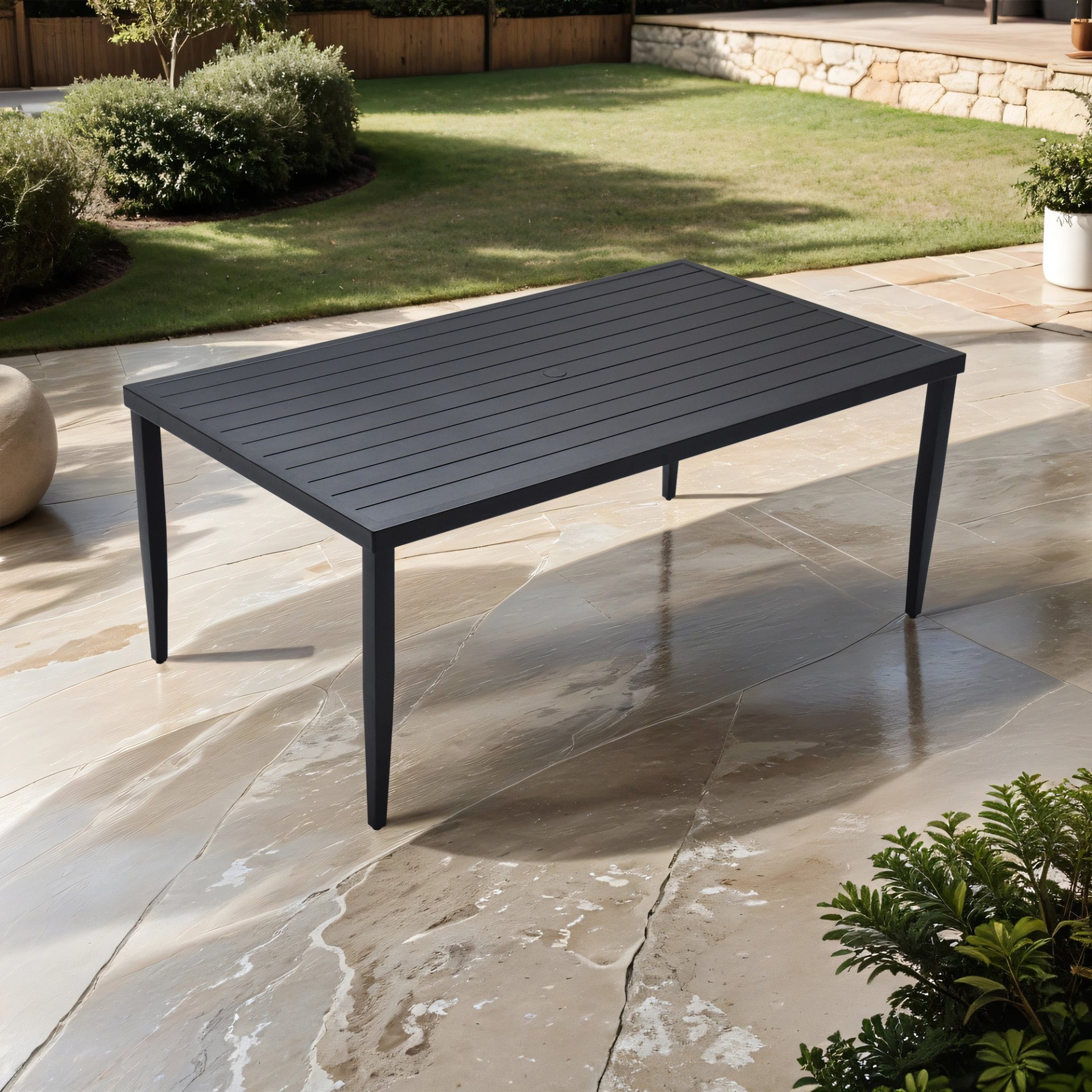 Outdoor Patio Rectangle Dining Table With Tapered Feet & Umbrella Hole - Ember Black - Image 2