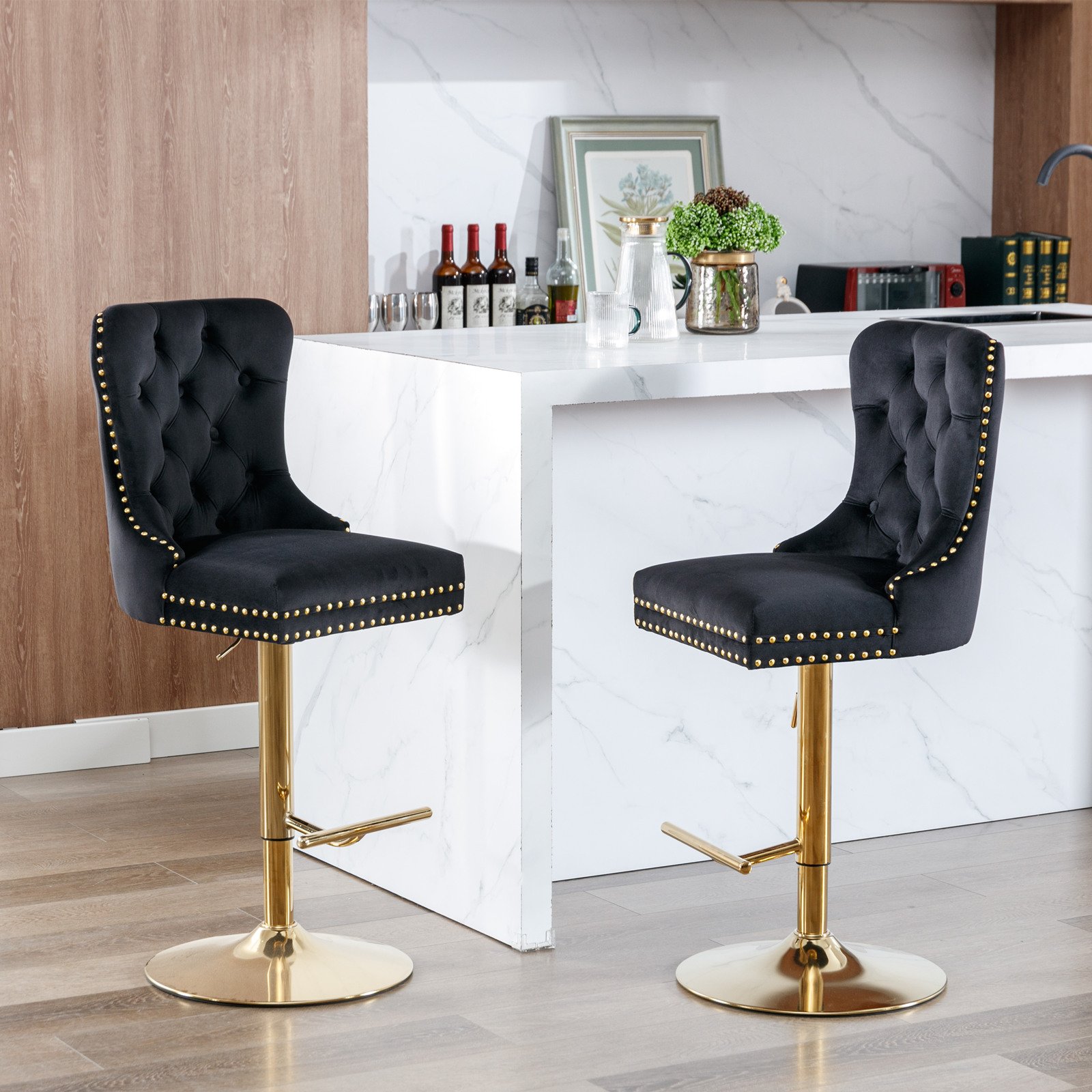 Thick Golden Swivel Velvet Barstools Adjusatble Seat Height From 27-35", Modern Upholstered Bar Stools With Backs Comfortable Tufted For Home Pub And Kitchen Island (Set of 2) - Black - Image 15