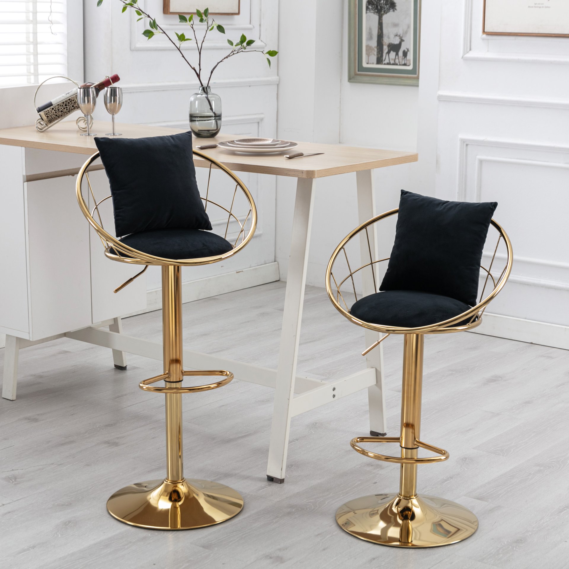 Velvet Bar Chair, Pure Gold Plated, Unique Design, 360 Degree Rotation, Adjustable Height, Suitable For Dining Room And Bar, (Set of 2) - Black - Image 4