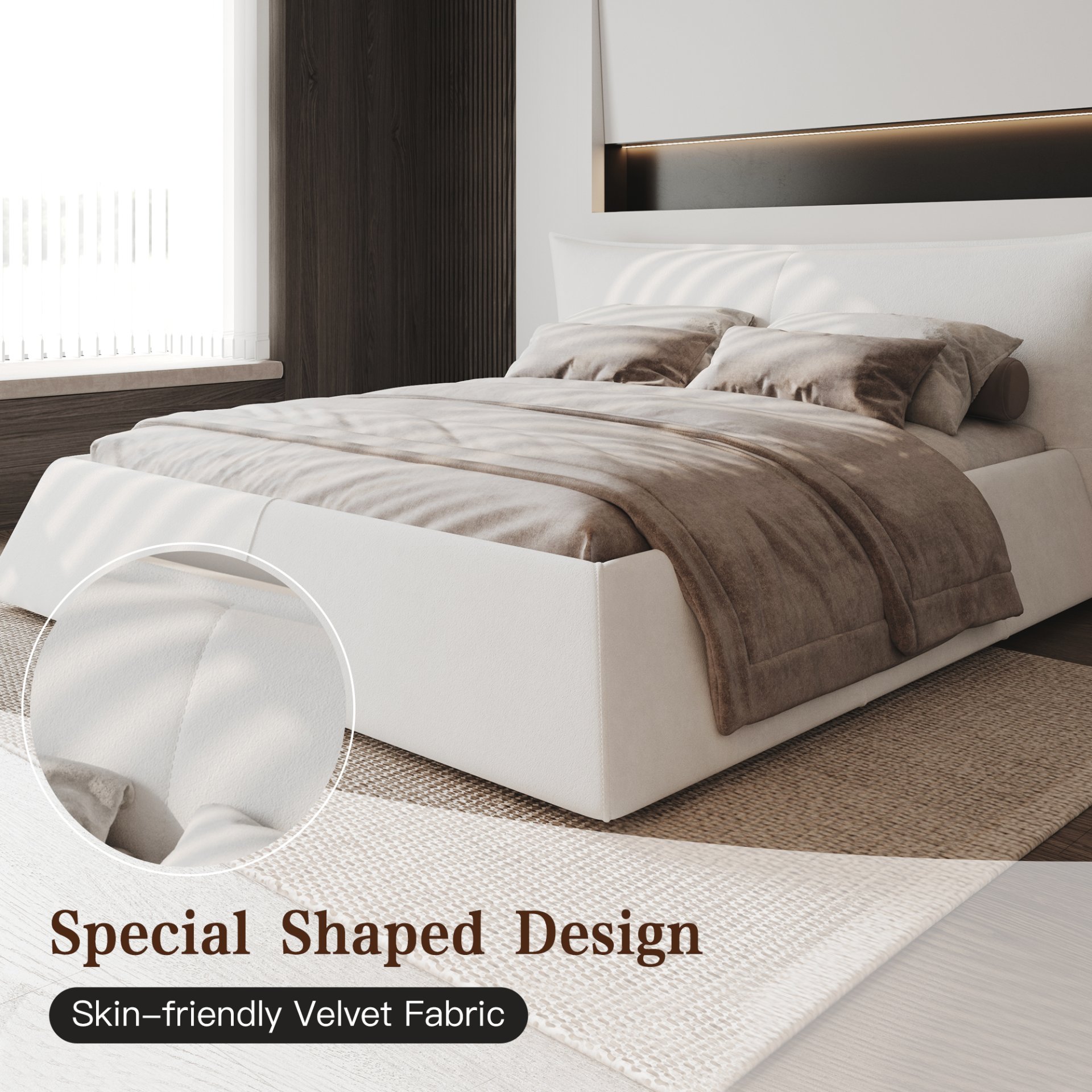 King Size Platform Bed With Special-Shaped Headboard - Cream - Image 18