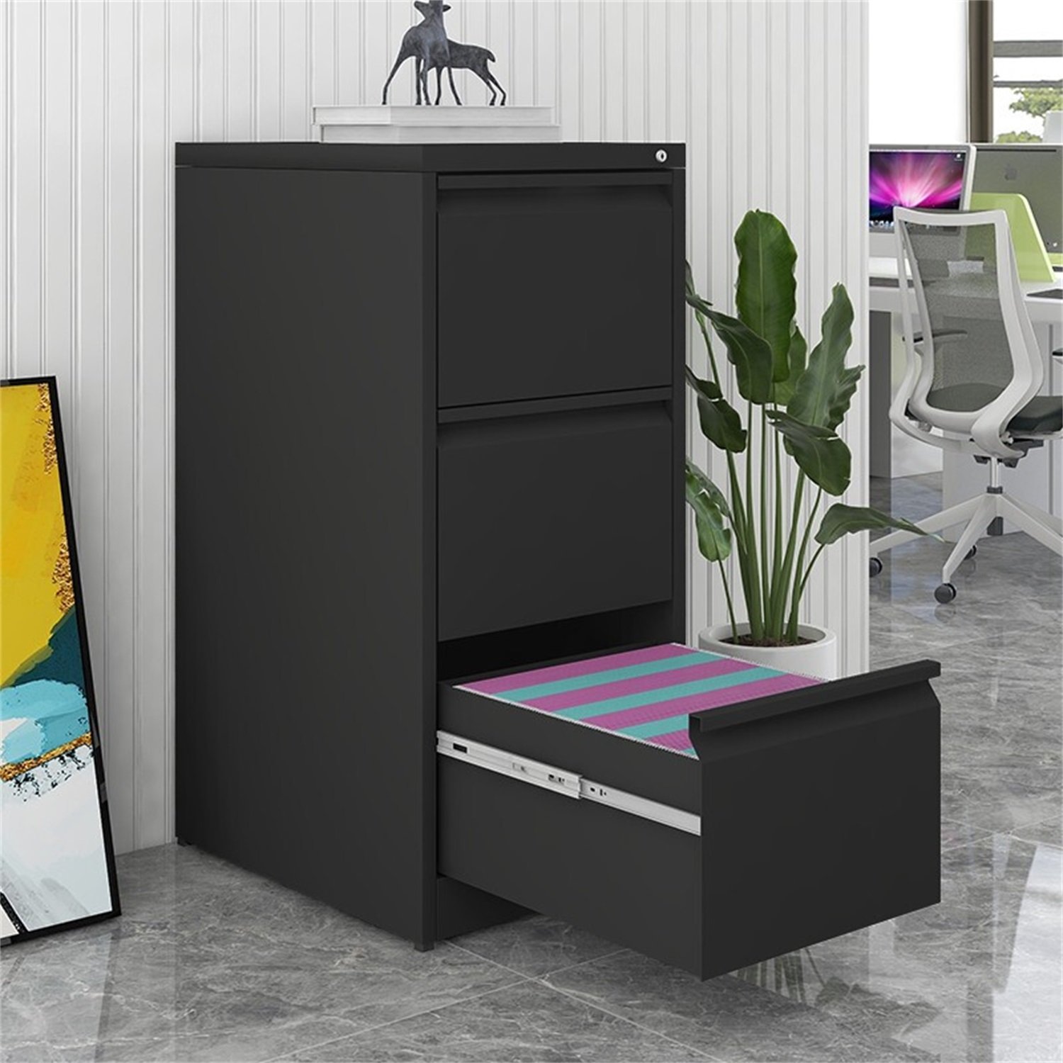 4 Drawer Vertical File Cabinet With Lock For Home Office Organizer Metal Filing Cabinet Letter / A4 / Legal Size - Black - Image 7
