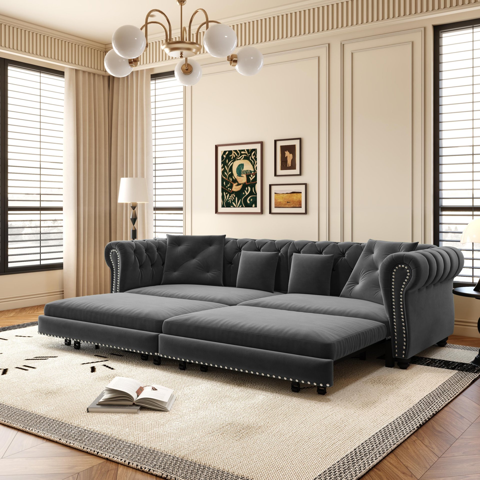 3 In 1 Pull Out Sofa Bed, Convertible Sleeper Sofa Bed, 3 Seater Sofa With Movable Ottoman - Gray - Image 9