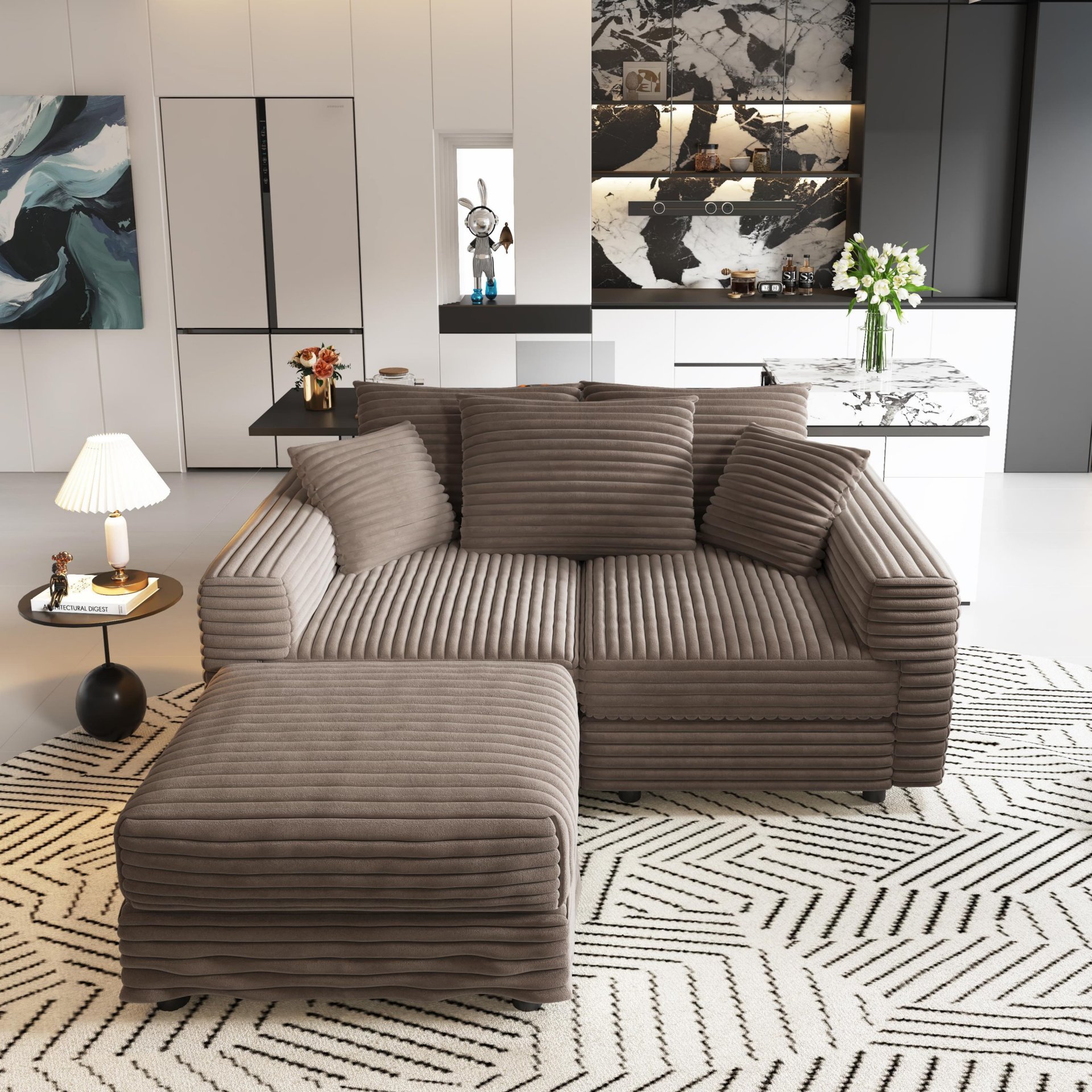 3 Seat Sofa, Deep Seat Couches With Soft Pillows And 1 Ottomans, Convertible Sofa Lounge Chair, For Living Room - Camel - Image 15