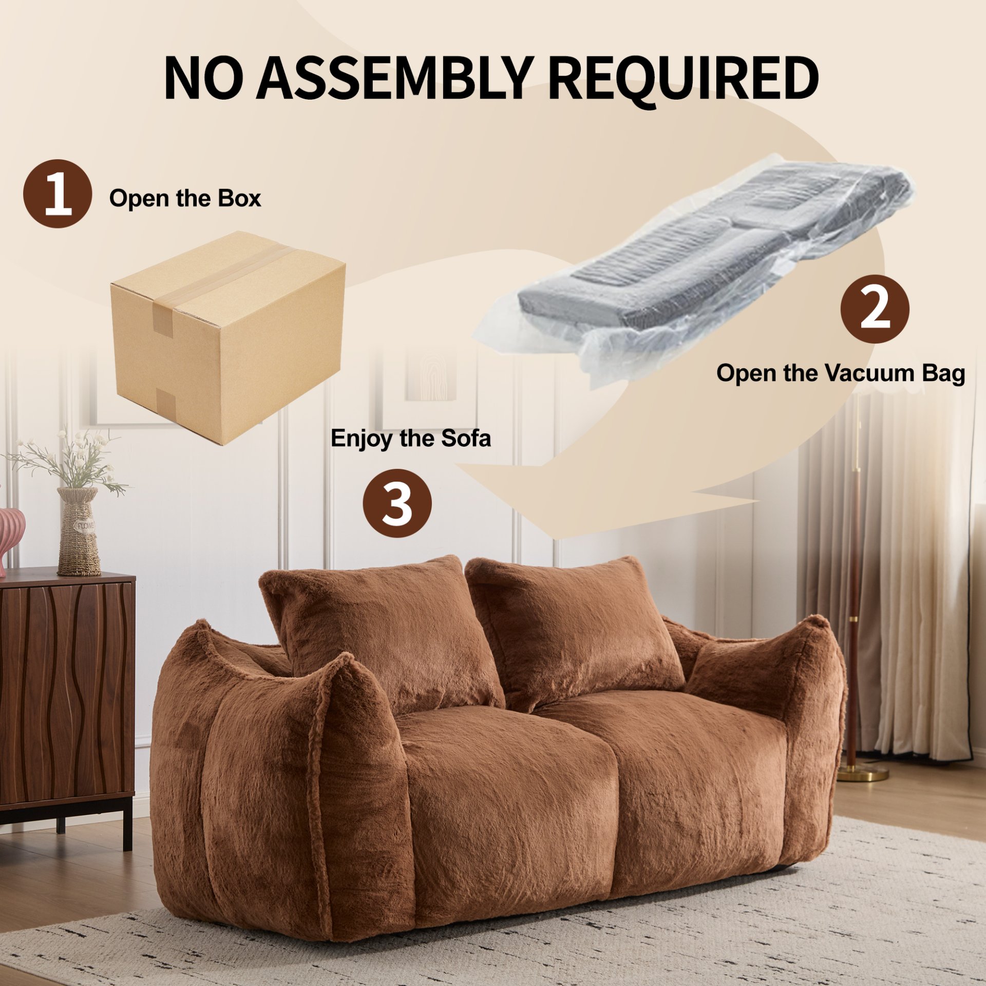 Giant Bean Bag Couch, Ultra Soft Fluffy Loveseat For Living Room Reading Chair With Pillows - Brown - Image 7