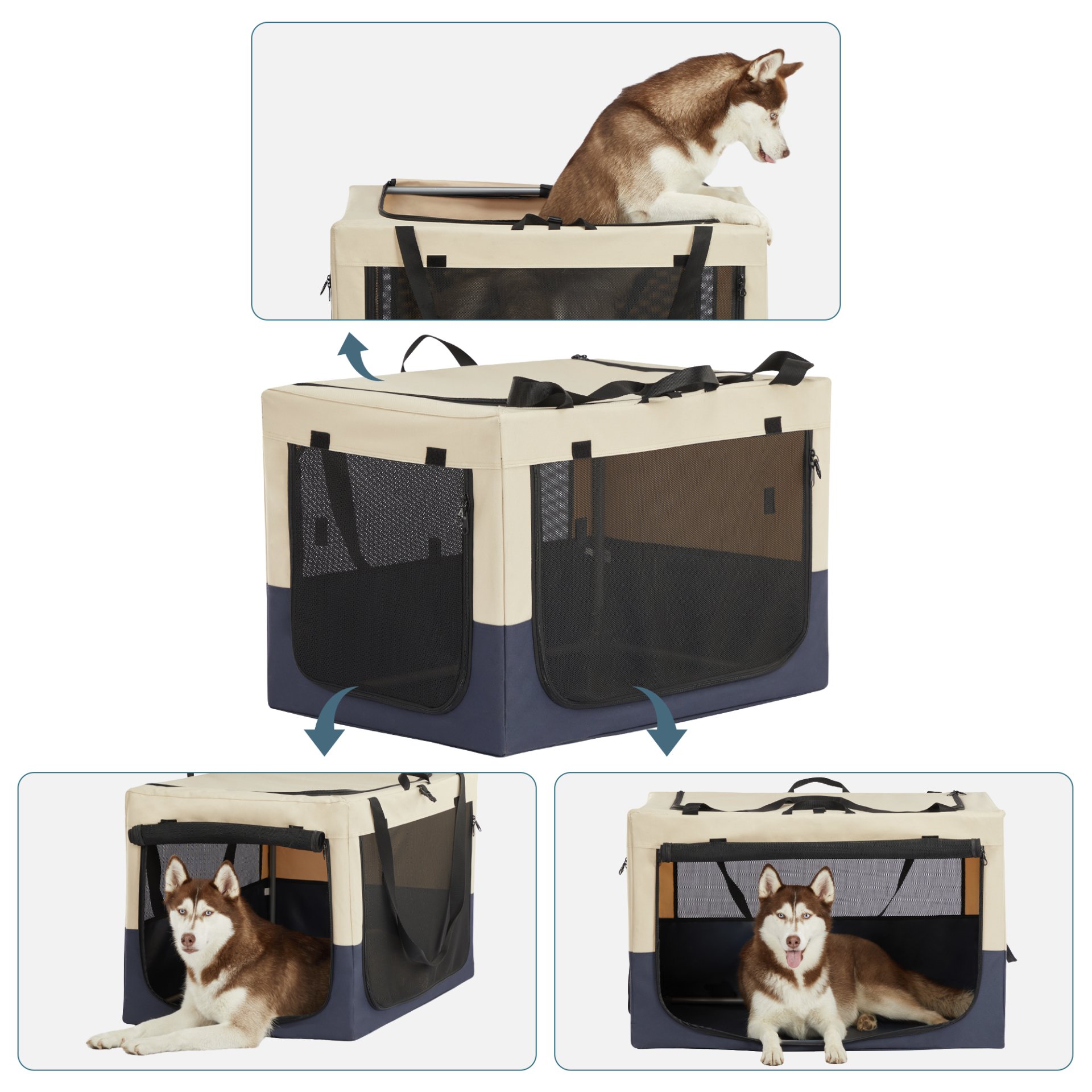 Dog Crates For Dogs, Adjustable Cover By Spiral Iron Pipe, Strengthen Sewing Dog Travel Crate, 3 Door Design - White / Blue - Image 5