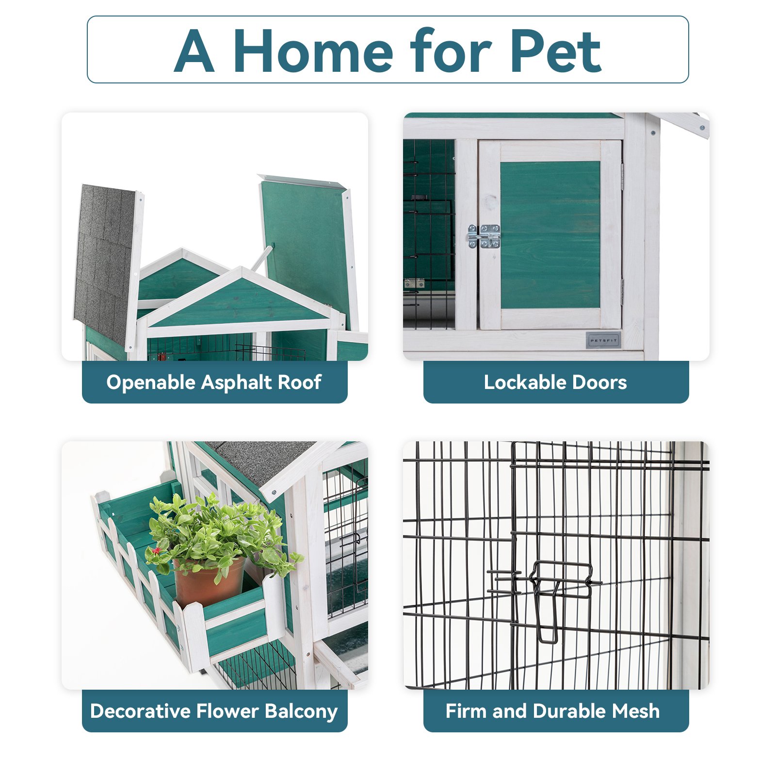 2 Story Wooden Rabbit Hutch Outdoor Indoor Bunny Cage Pull Out Tray, Waterproof Roof - Green - Image 4