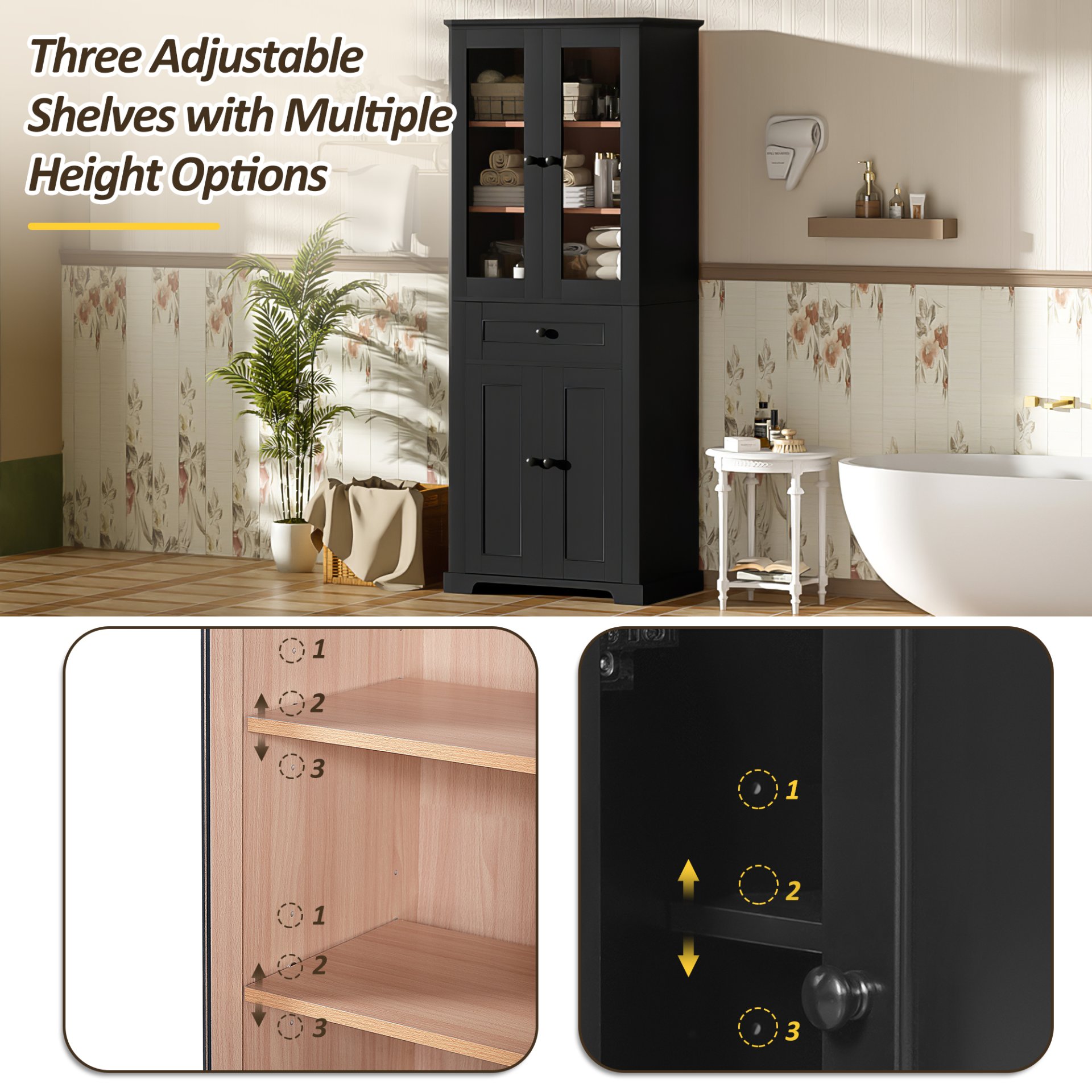 Bathroom Storage Cabinet, Adjustable Shelves & Drawer, Freestanding Linen Tower - Black - Image 6