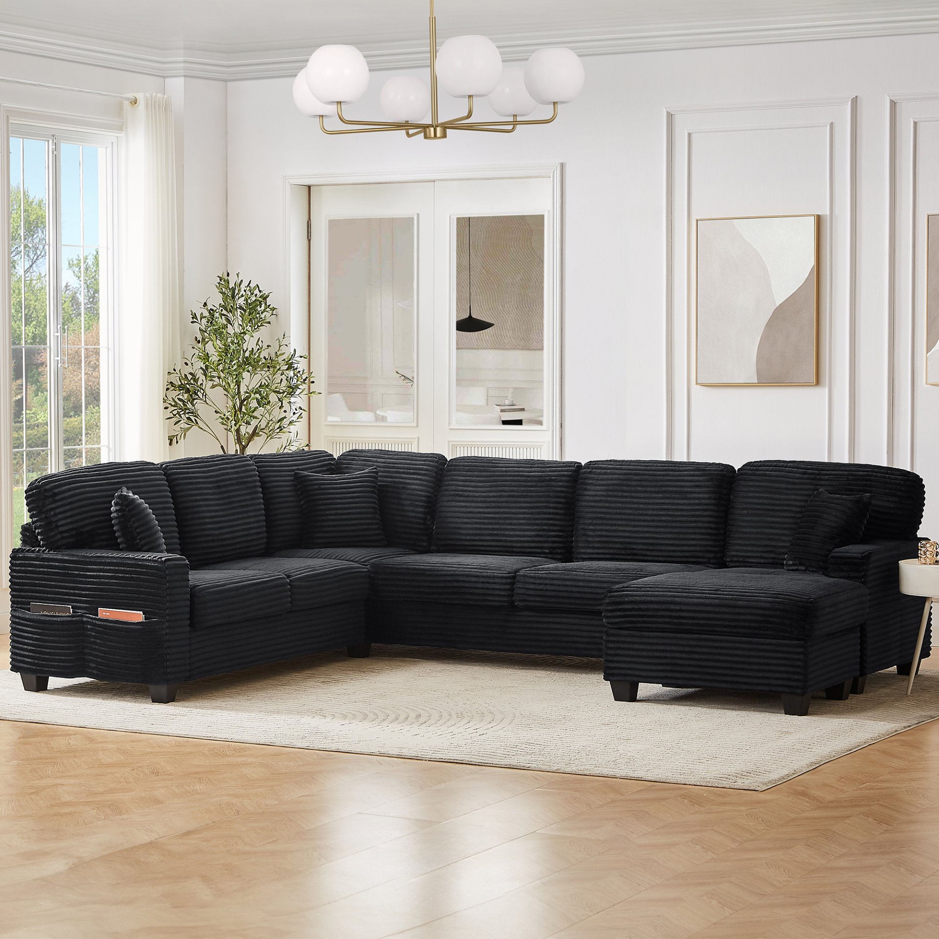 Upholstered U Shaped Sectional Sofa With Movable Ottoman And Side Storage Pockets - Black - Image 7
