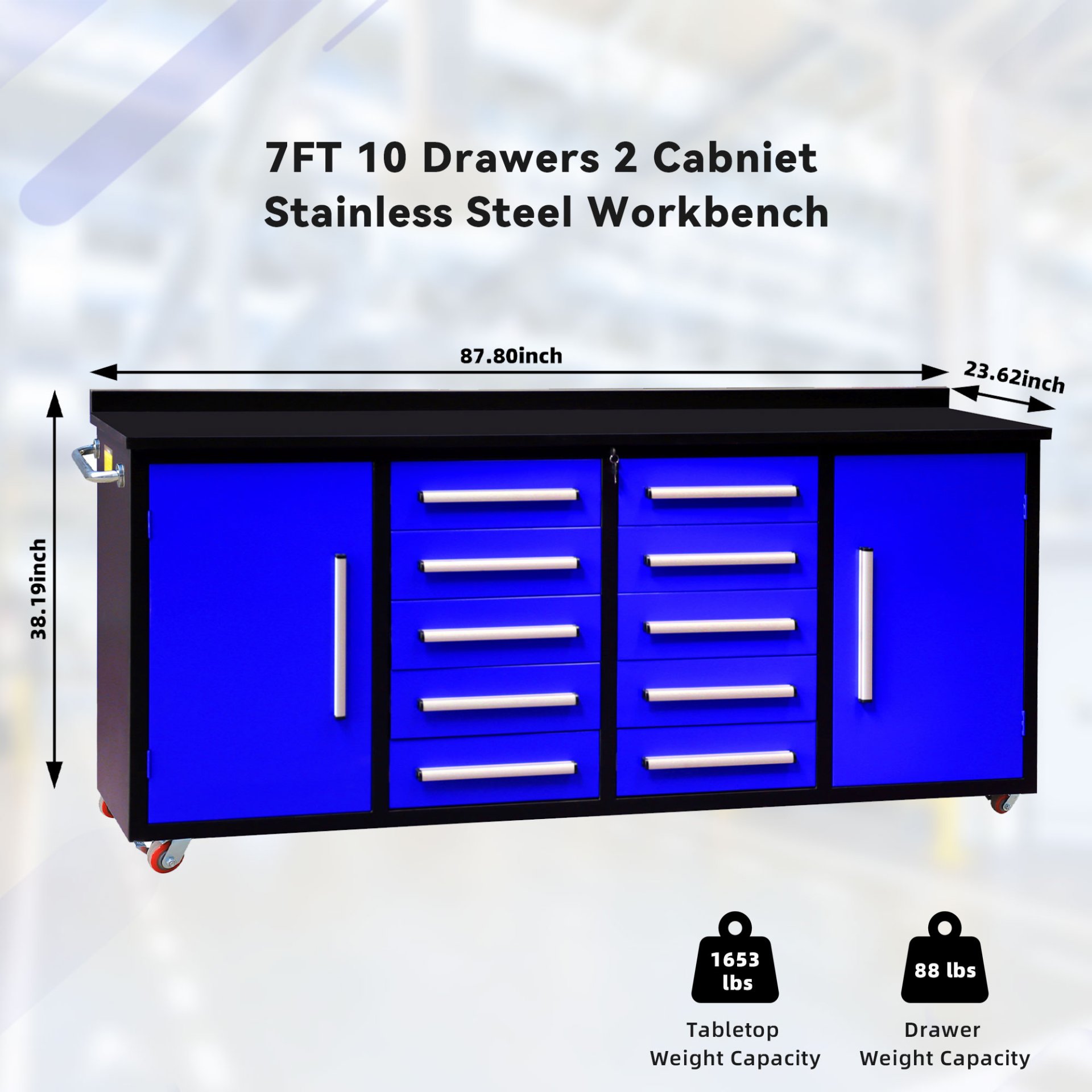 Storage Cabinets With Workbench (10 Drawers & 2 Cabinets) - Blue - Image 3