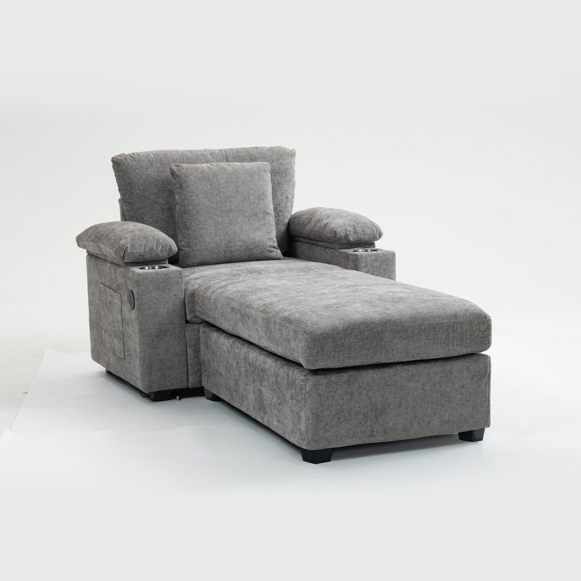 Modern Oversized Chair With Ottoman, Chenille Fabric Sofa Bed, Accent Chair Comfy Sofa With Cupholders And USB Charging Ports Chair For Living Room - Gray - Image 11
