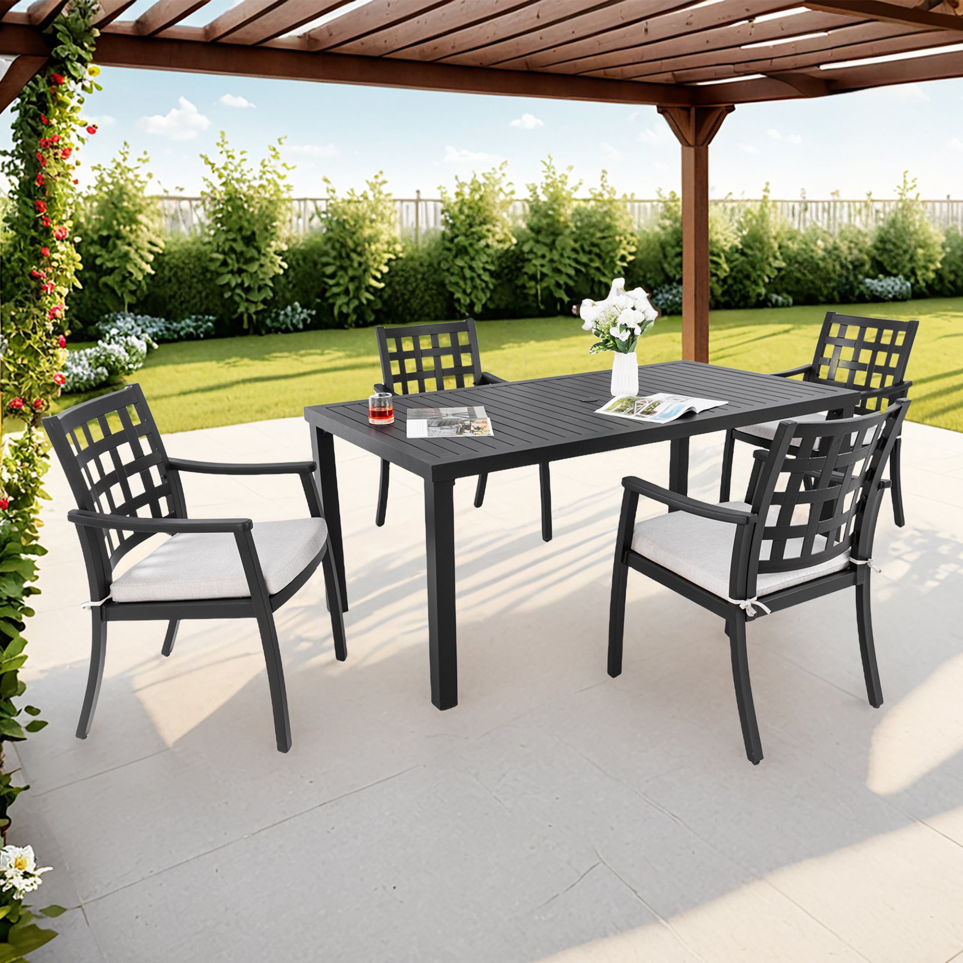 5 Pieces Outdoor Patio Dining Set, Rectangular Table And 4 Stationary Dining Chairs - Ember Black - Image 4